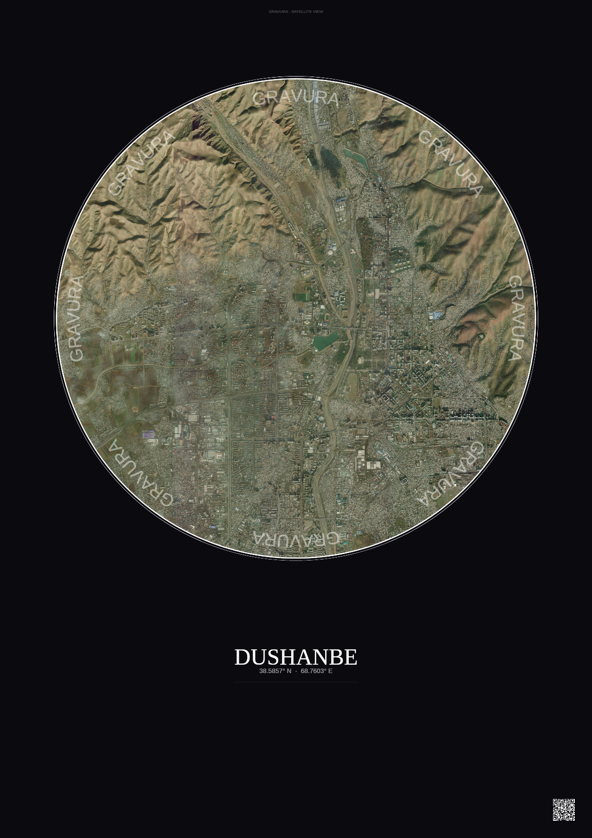 Affiche Dushanbe – Poster vue satellite | Gravura – Fond foncé