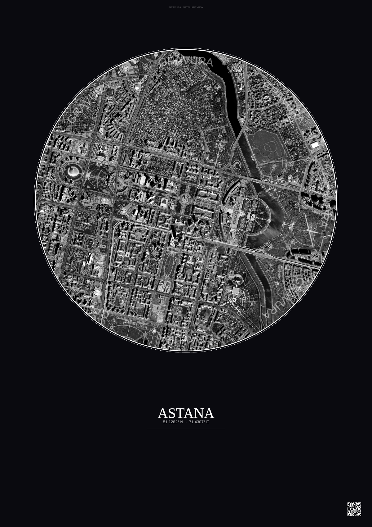Affiche Astana – Poster vue satellite | Gravura – Fond foncé