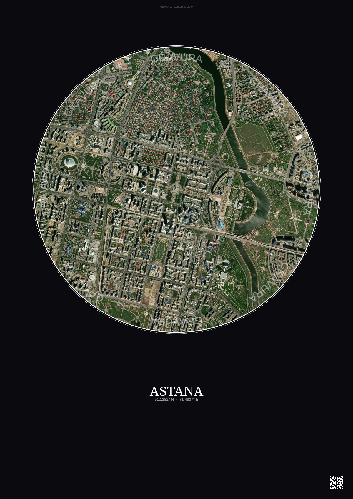 Affiche Astana – Poster vue satellite | Gravura – Fond foncé