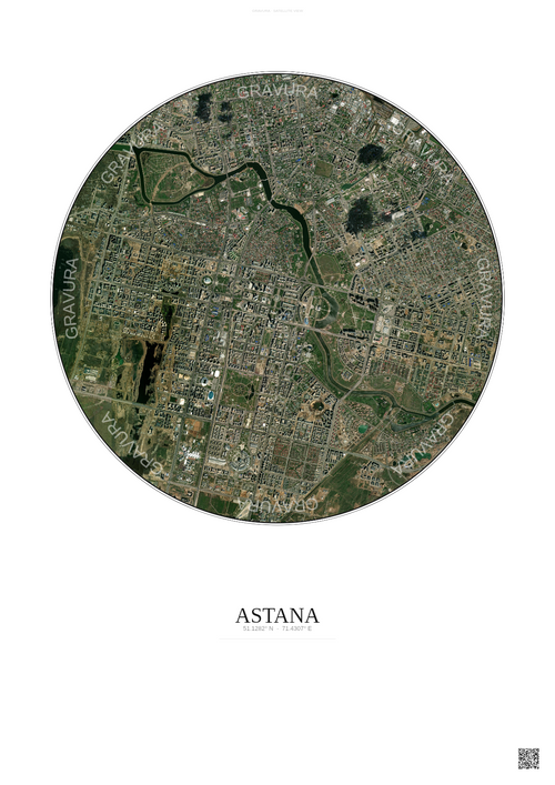 Affiche Astana – Poster vue satellite | Gravura – Fond clair