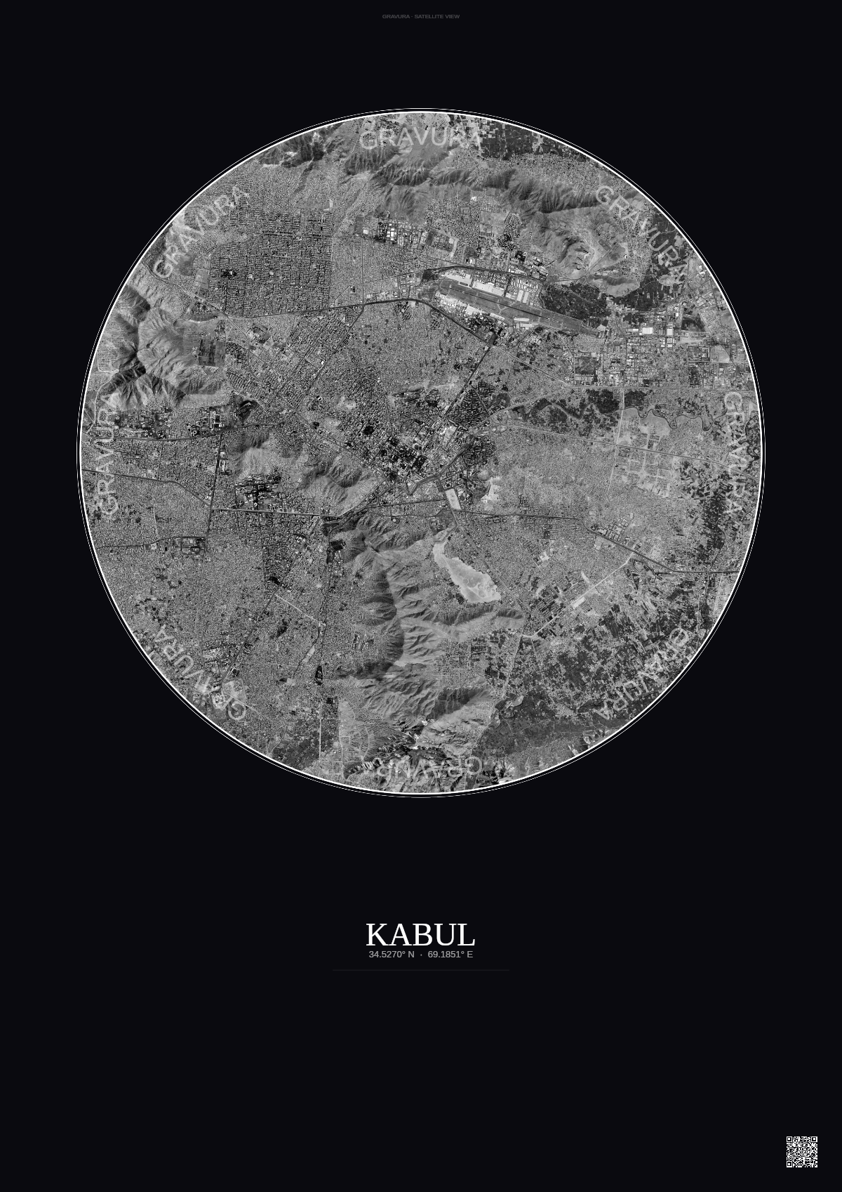 Affiche Kabul – Poster vue satellite | Gravura – Fond foncé