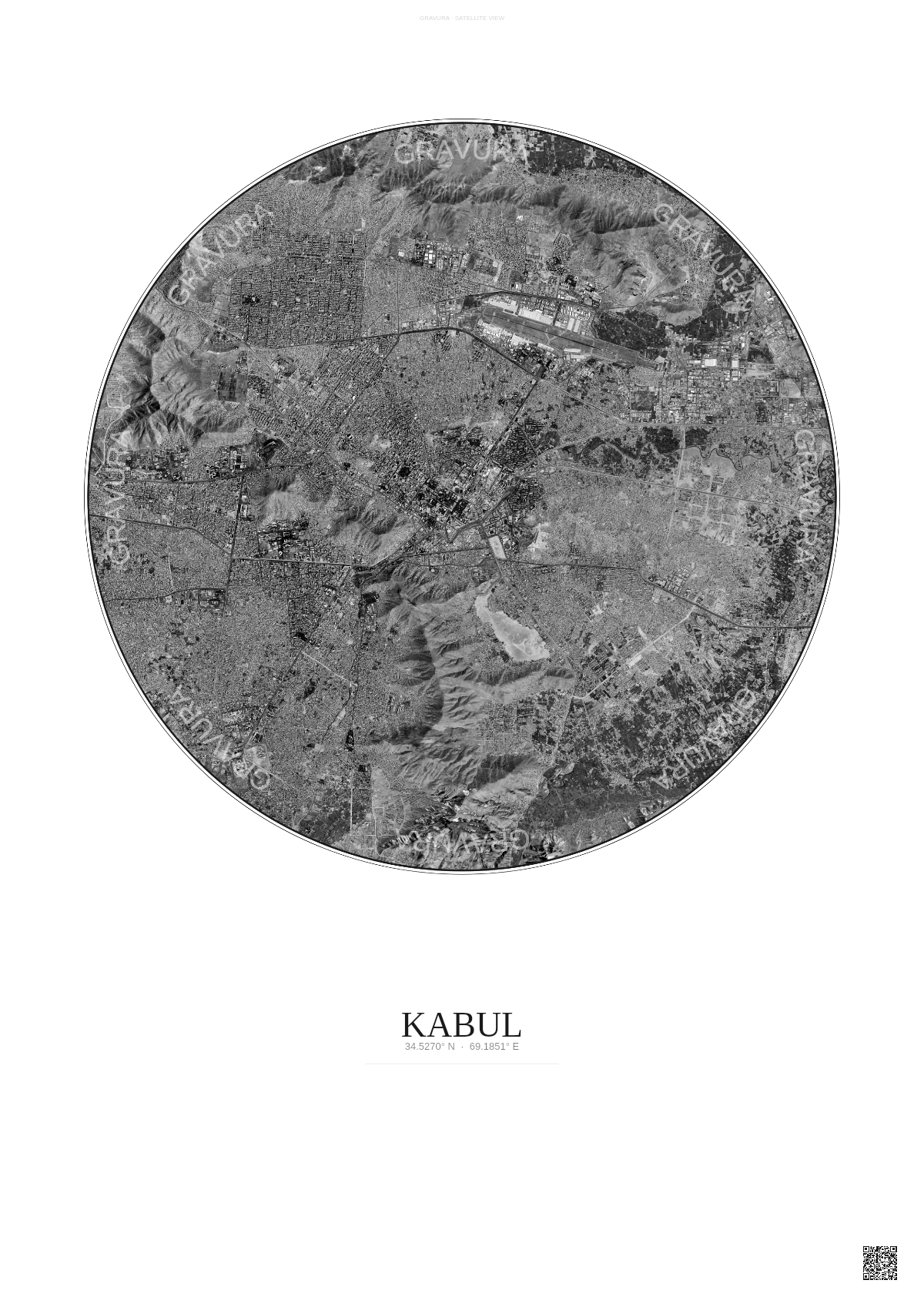 Affiche Kabul – Poster vue satellite | Gravura – Fond clair