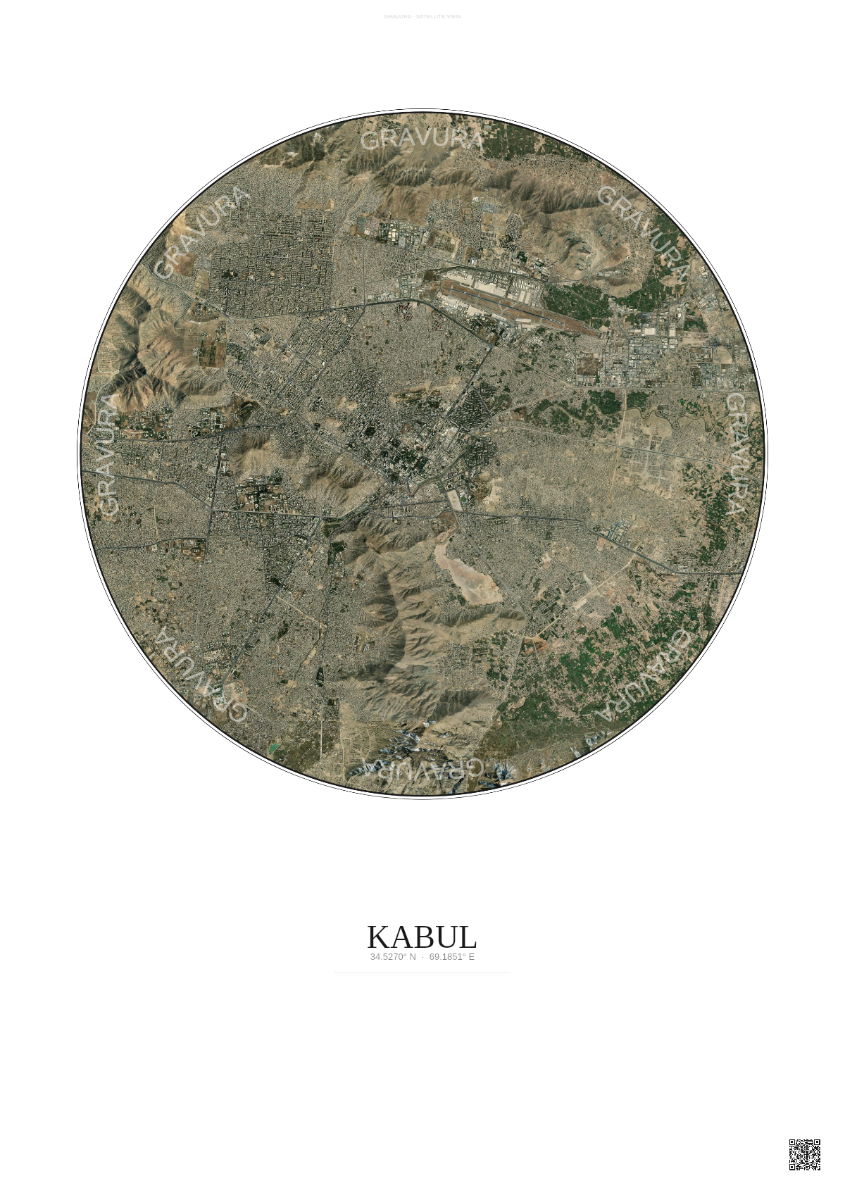 Affiche Kabul – Poster vue satellite | Gravura – Fond clair