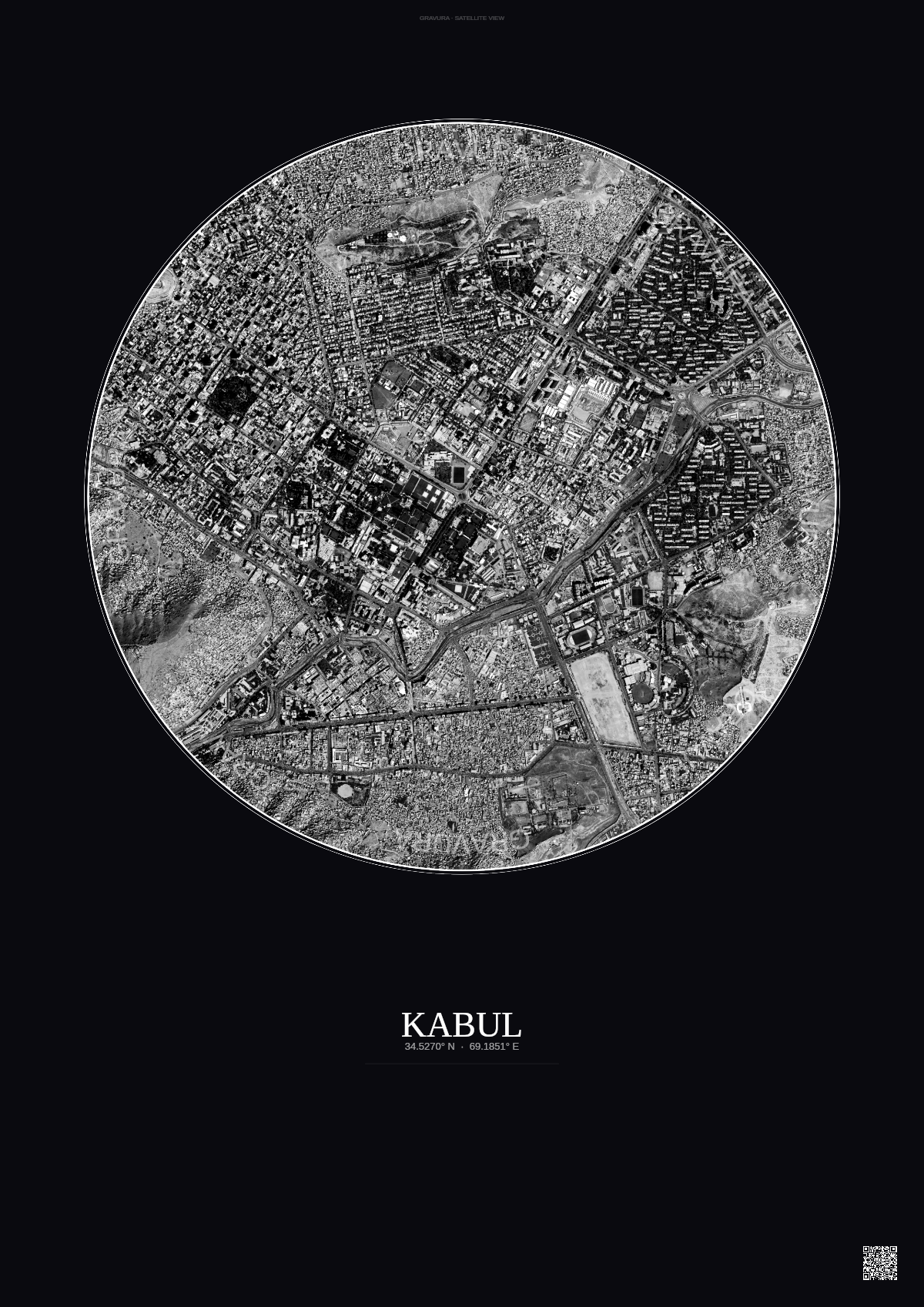 Affiche Kabul – Poster vue satellite | Gravura – Fond foncé
