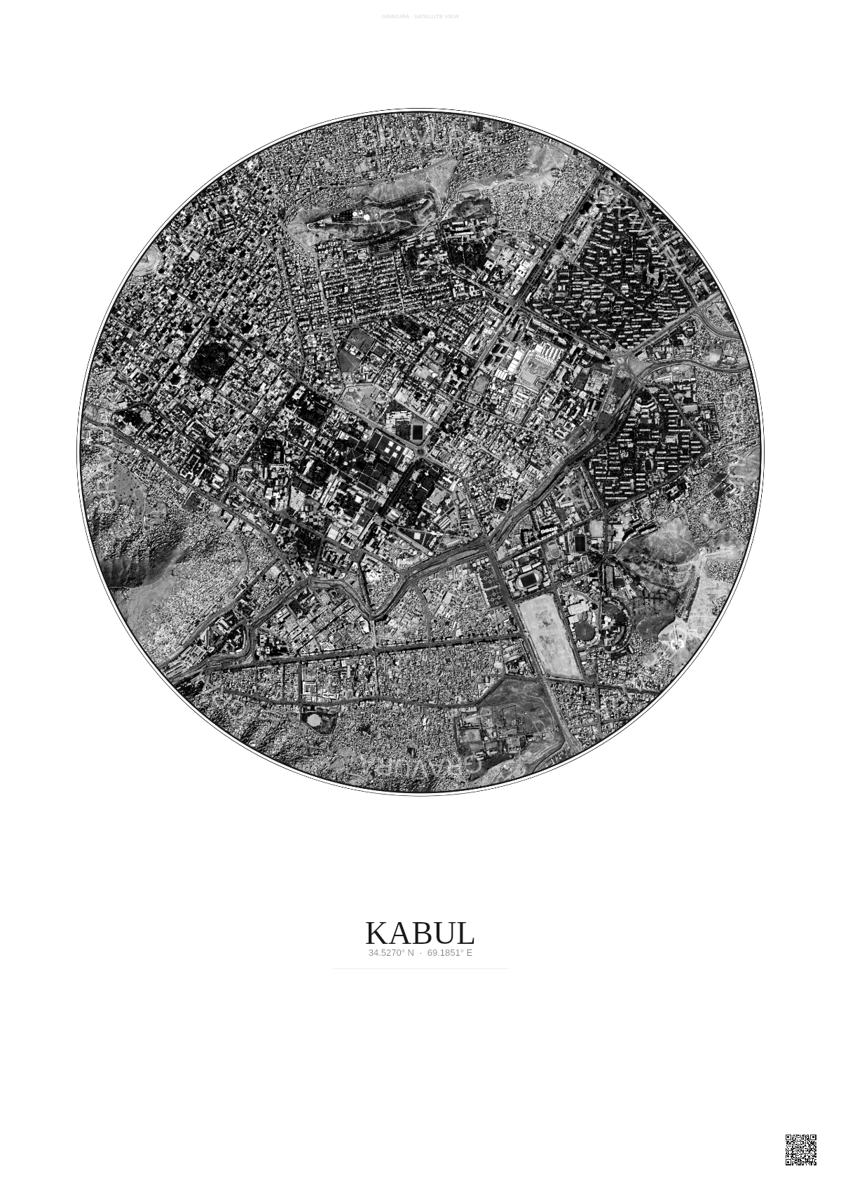Affiche Kabul – Poster vue satellite | Gravura – Fond clair