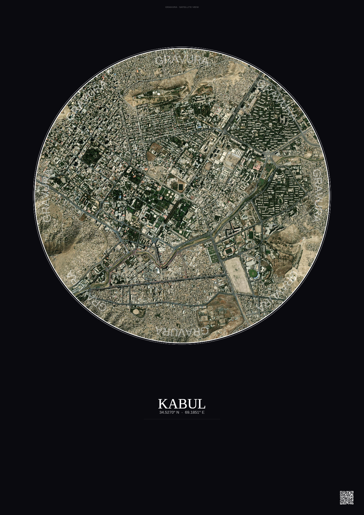 Affiche Kabul – Poster vue satellite | Gravura – Fond foncé