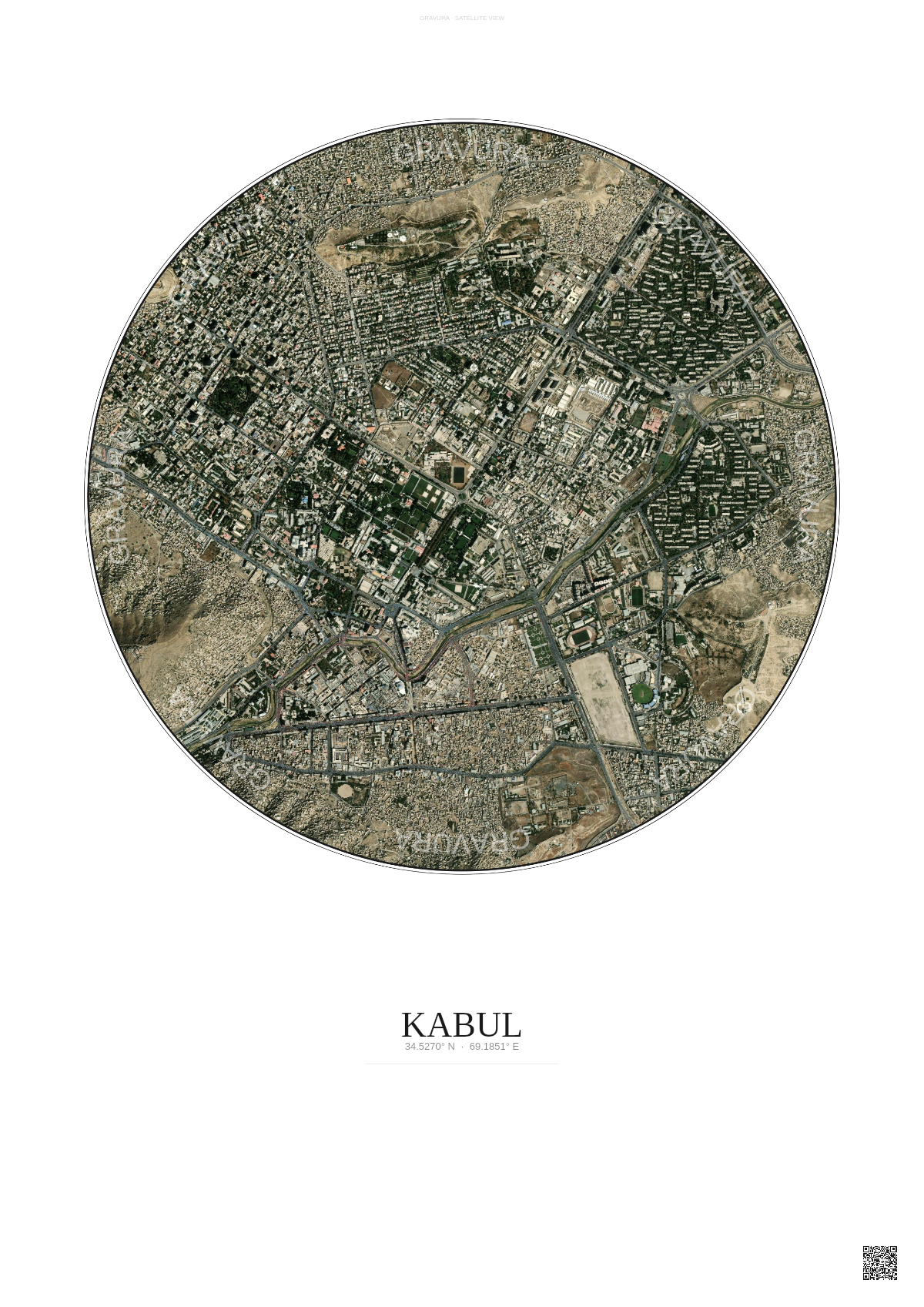 Affiche Kabul – Poster vue satellite | Gravura – Fond clair