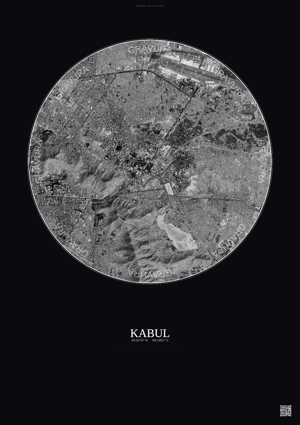 Affiche Kabul – Poster vue satellite | Gravura – Fond foncé
