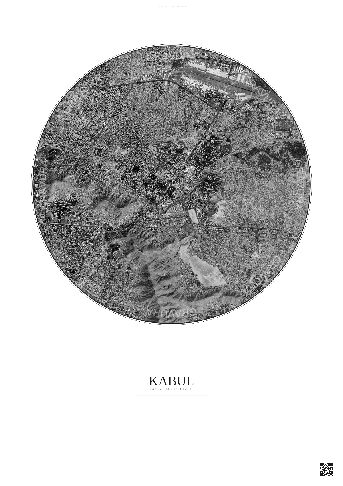 Affiche Kabul – Poster vue satellite | Gravura – Fond clair