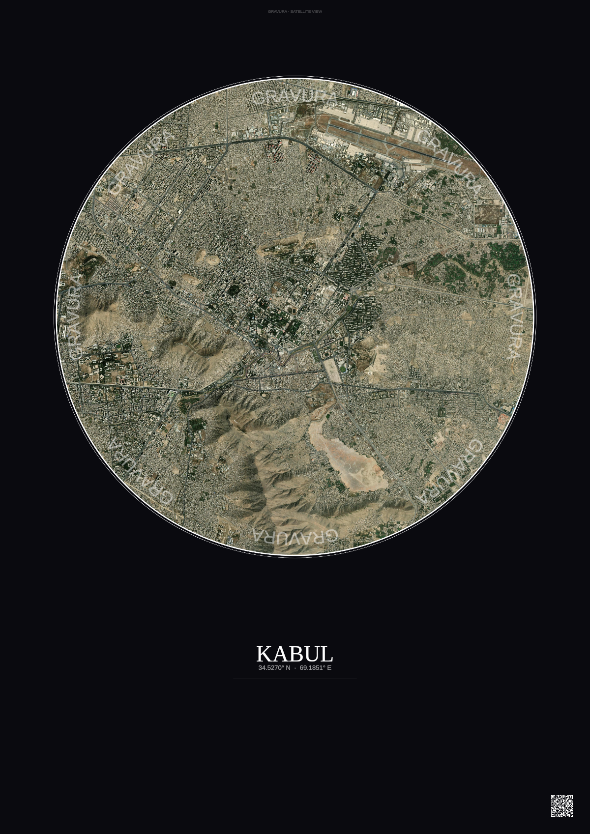 Affiche Kabul – Poster vue satellite | Gravura – Fond foncé