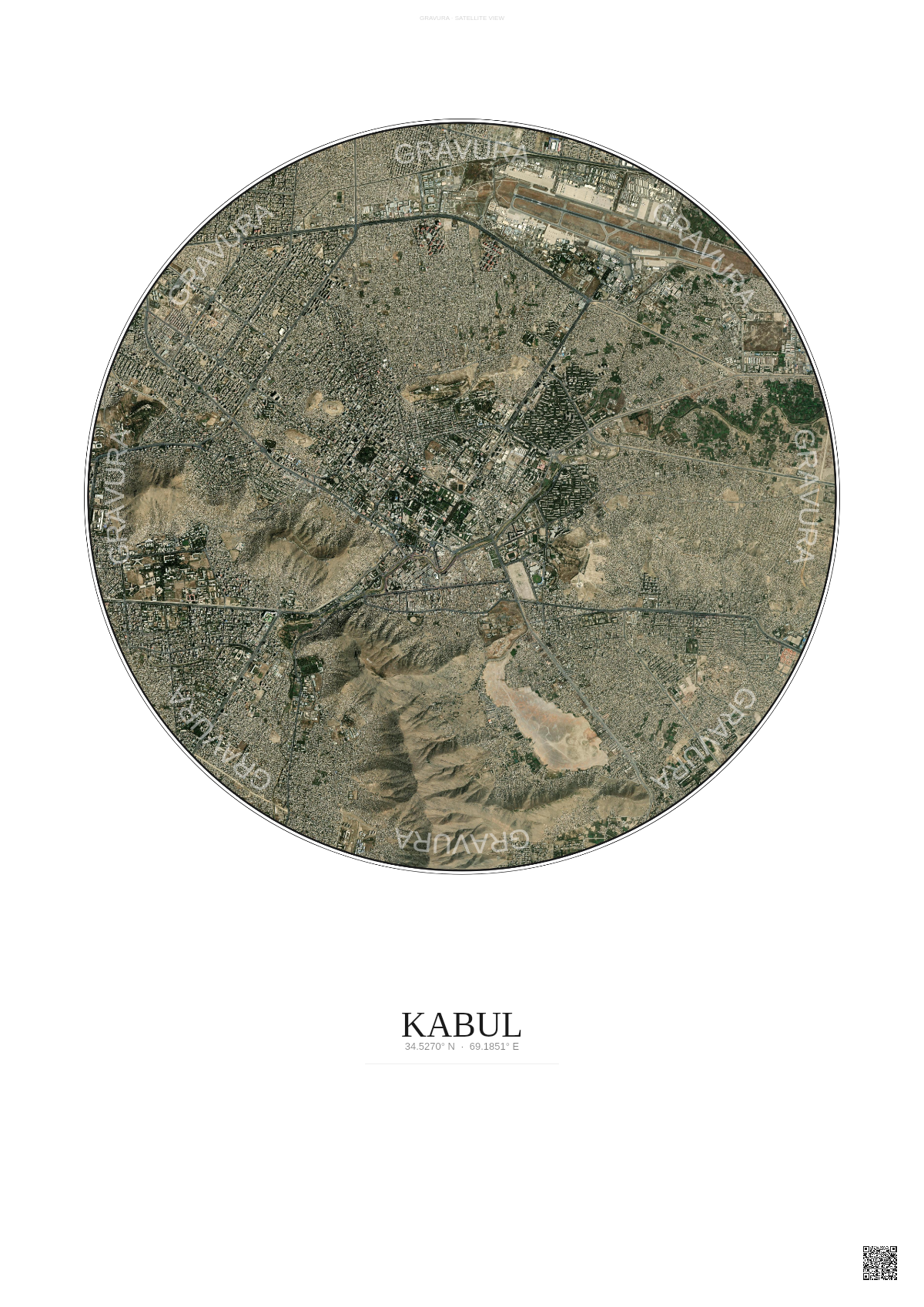 Affiche Kabul – Poster vue satellite | Gravura – Fond clair