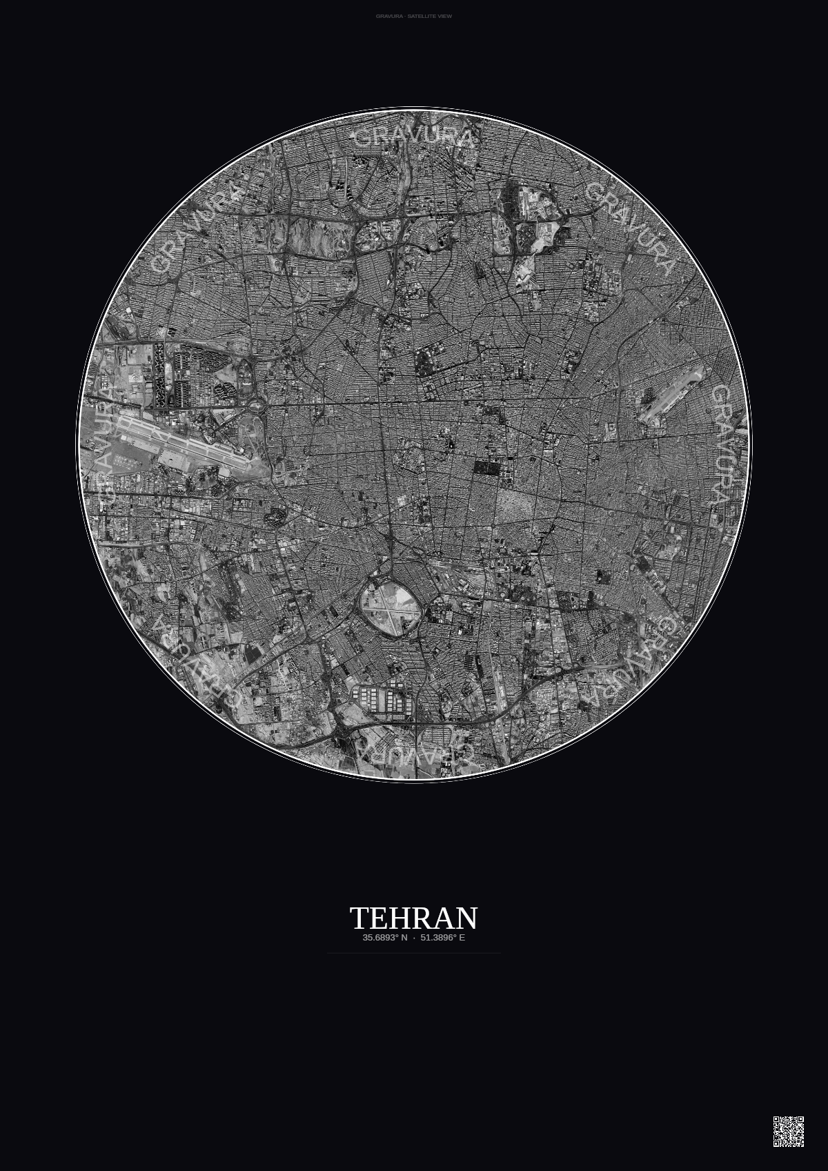 Affiche Tehran – Poster vue satellite | Gravura – Fond foncé