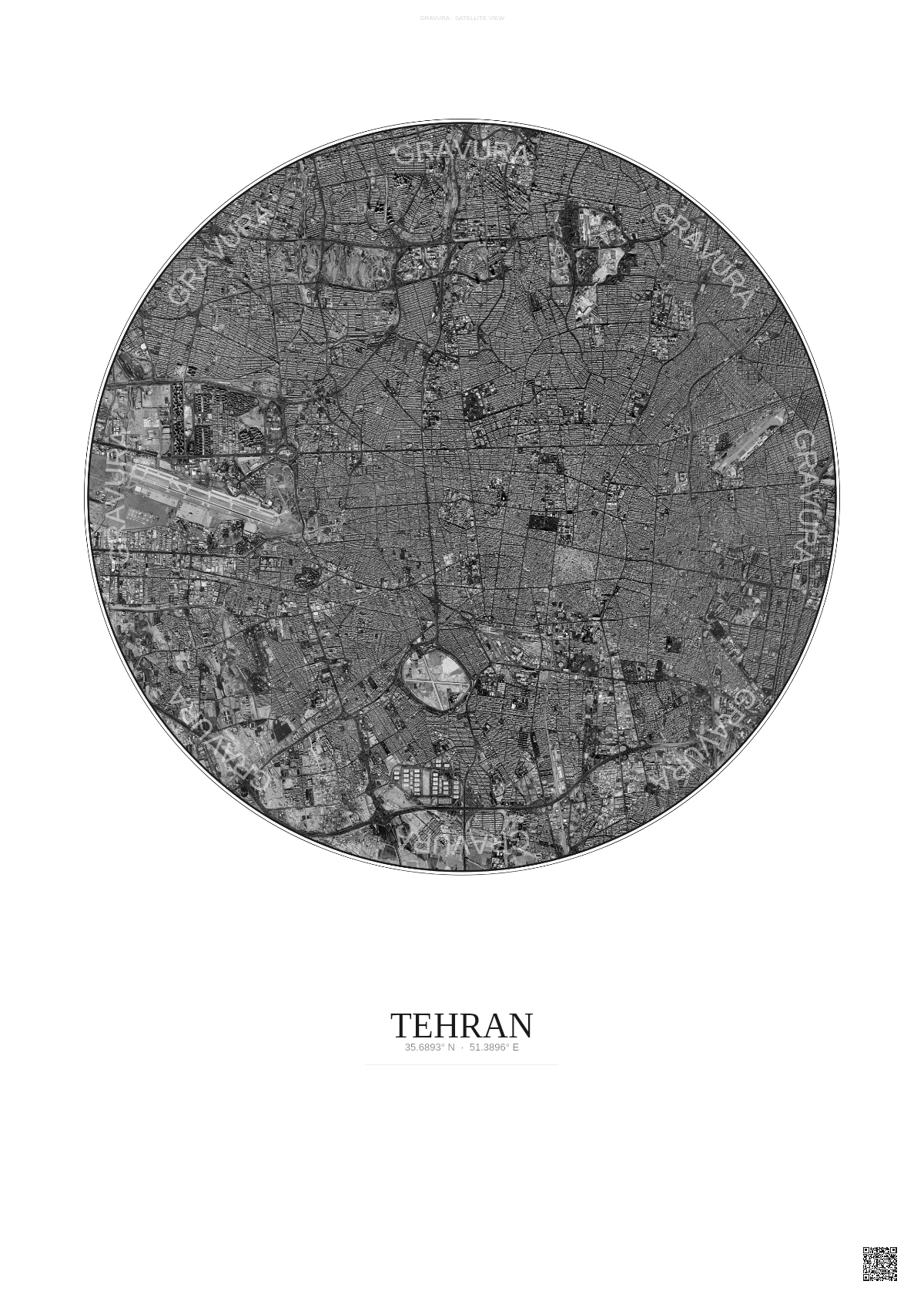 Affiche Tehran – Poster vue satellite | Gravura – Fond clair