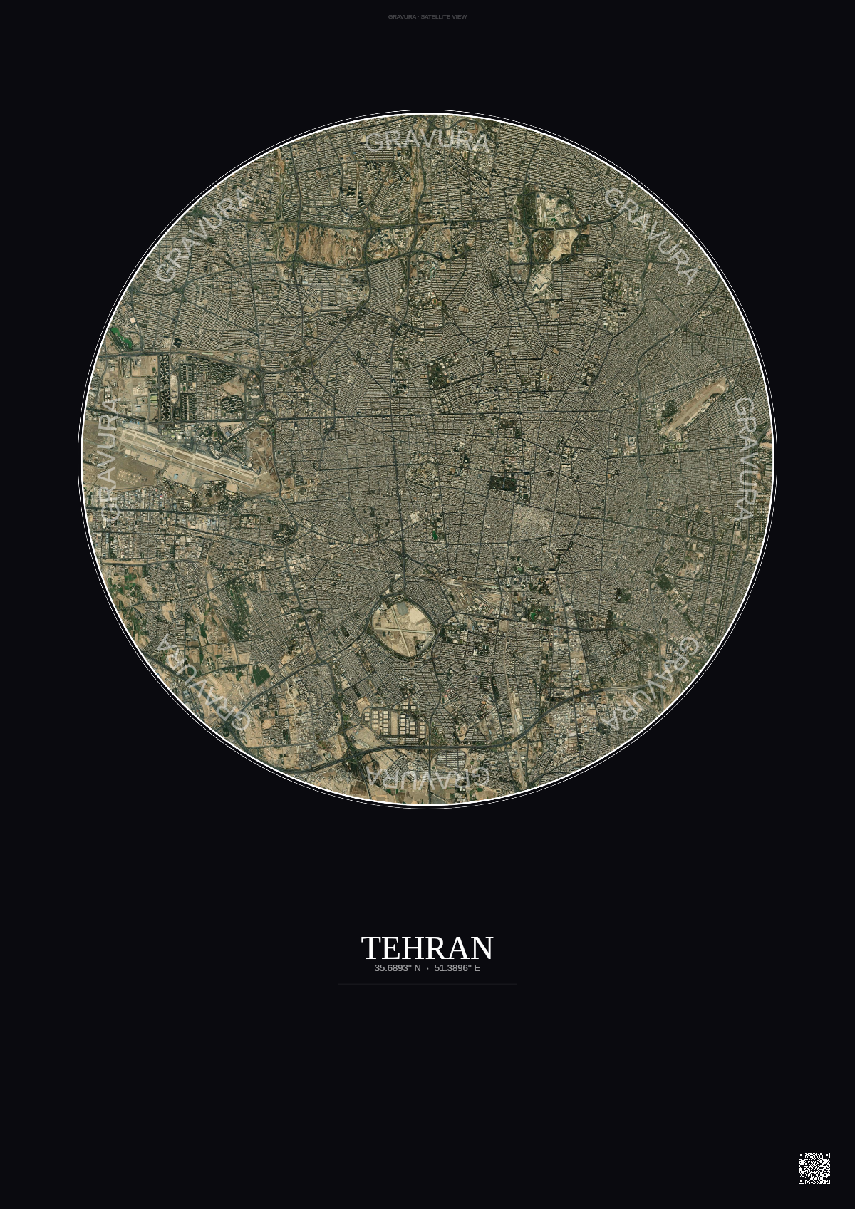 Affiche Tehran – Poster vue satellite | Gravura – Fond foncé