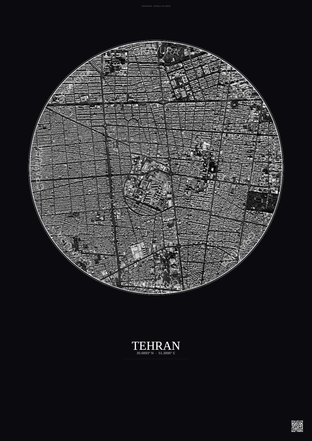 Affiche Tehran – Poster vue satellite | Gravura – Fond foncé