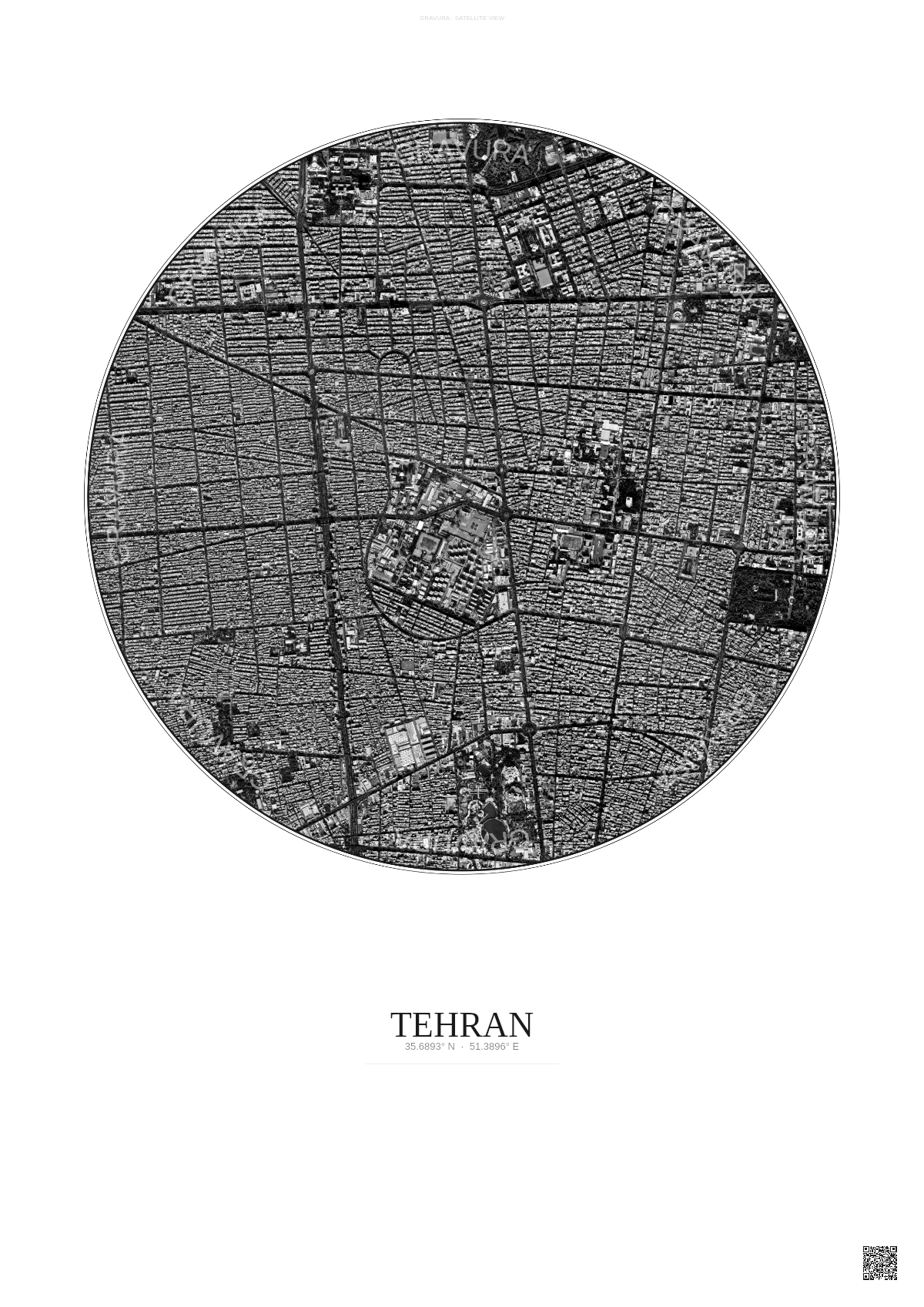 Affiche Tehran – Poster vue satellite | Gravura – Fond clair