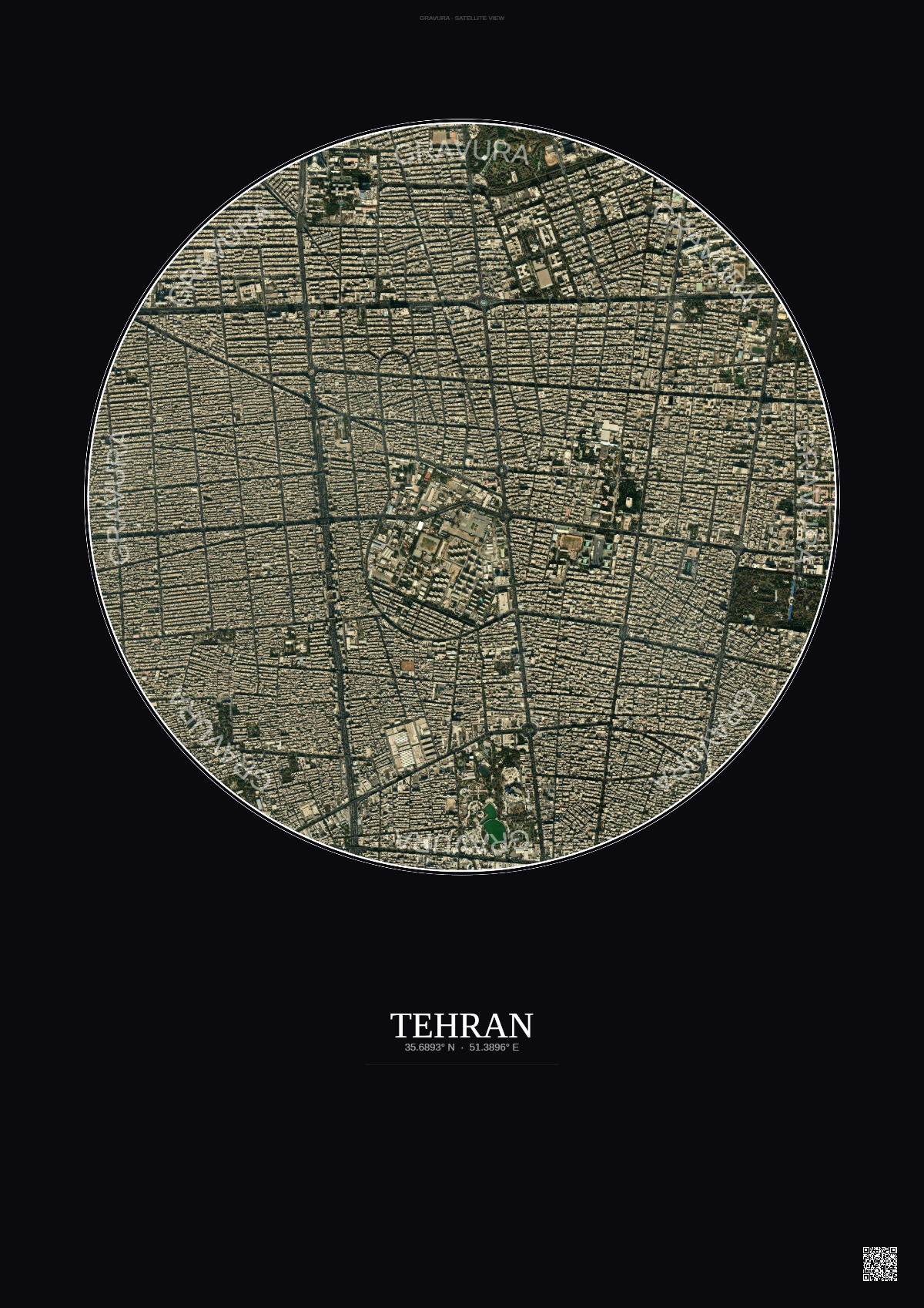 Affiche Tehran – Poster vue satellite | Gravura – Fond foncé