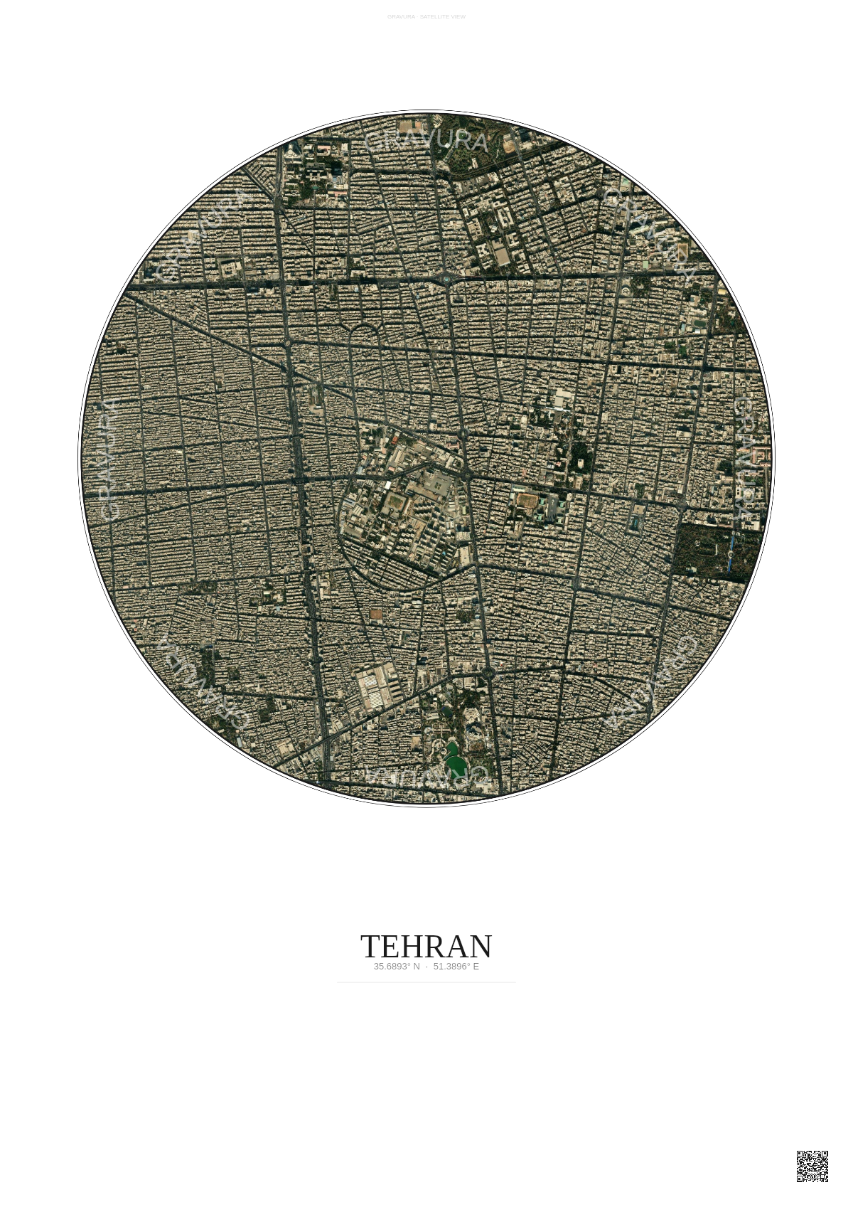 Affiche Tehran – Poster vue satellite | Gravura – Fond clair
