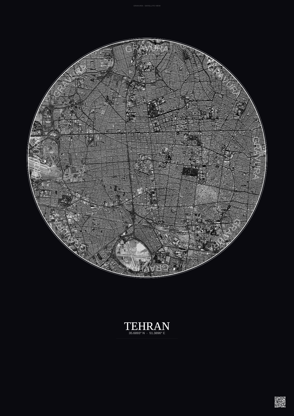 Affiche Tehran – Poster vue satellite | Gravura – Fond foncé