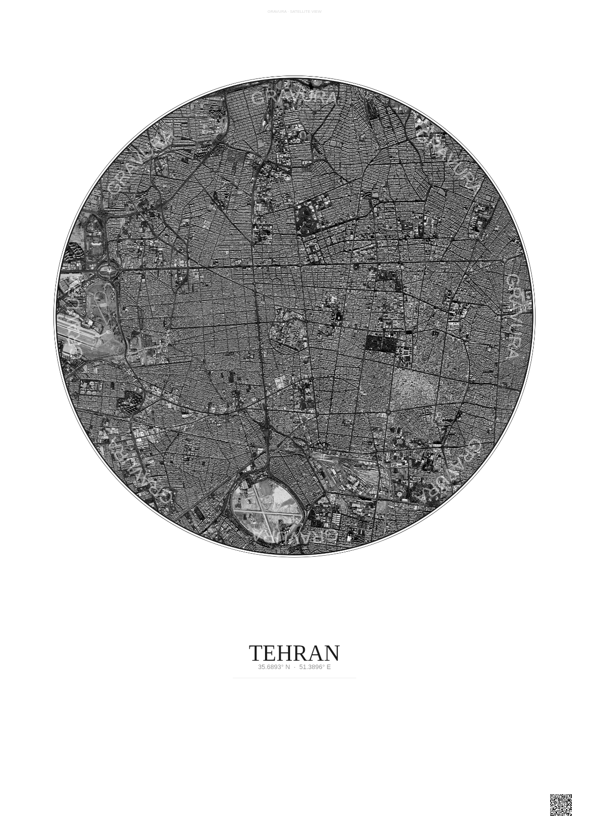 Affiche Tehran – Poster vue satellite | Gravura – Fond clair