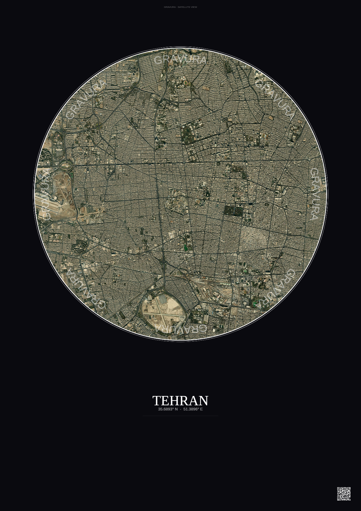 Affiche Tehran – Poster vue satellite | Gravura – Fond foncé