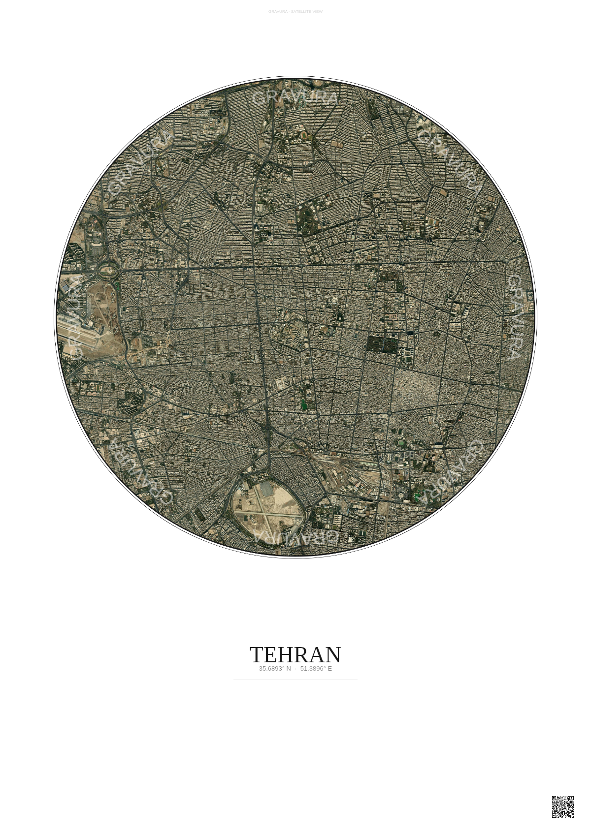 Affiche Tehran – Poster vue satellite | Gravura – Fond clair