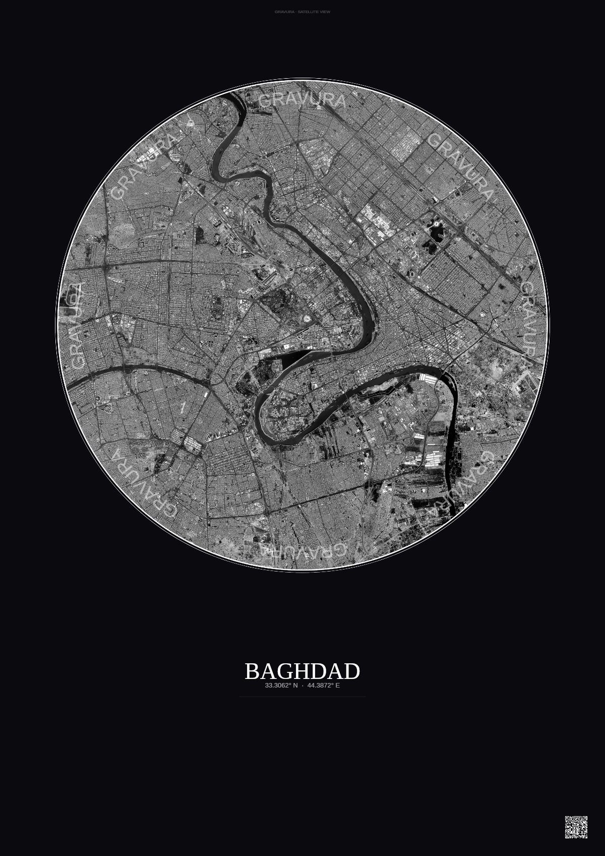 Affiche Baghdad – Poster vue satellite | Gravura – Fond foncé