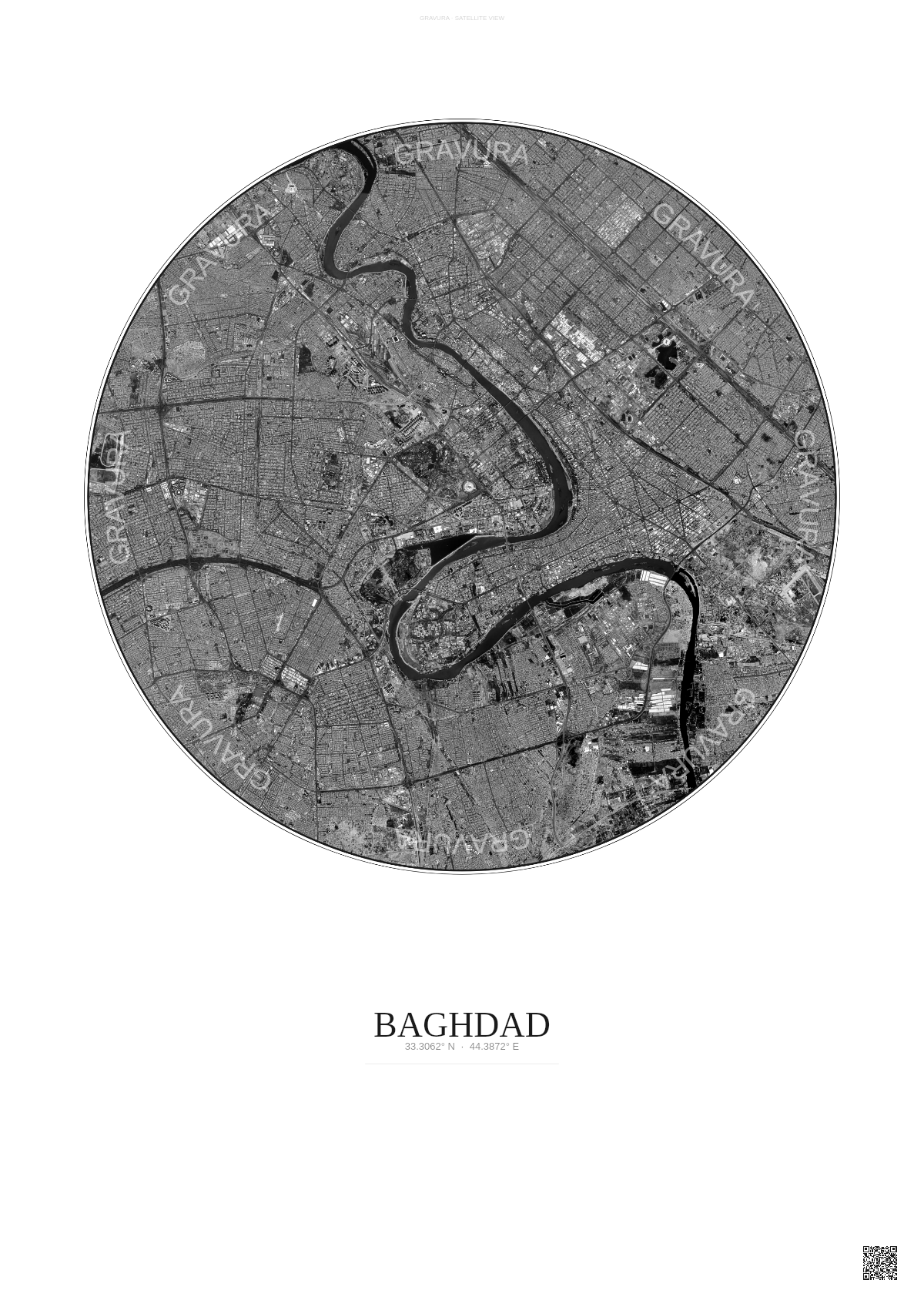 Affiche Baghdad – Poster vue satellite | Gravura – Fond clair