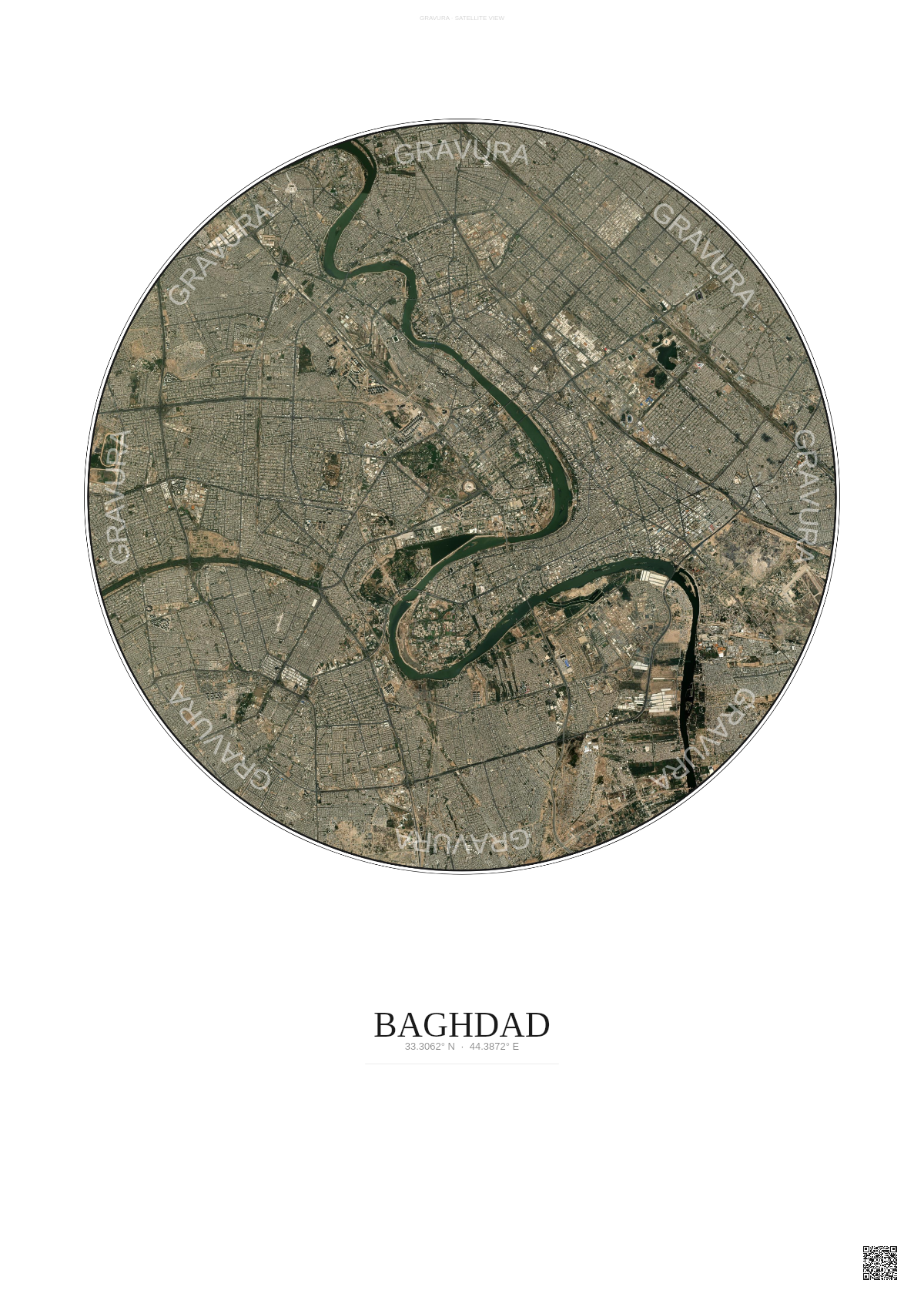 Affiche Baghdad – Poster vue satellite | Gravura – Fond clair