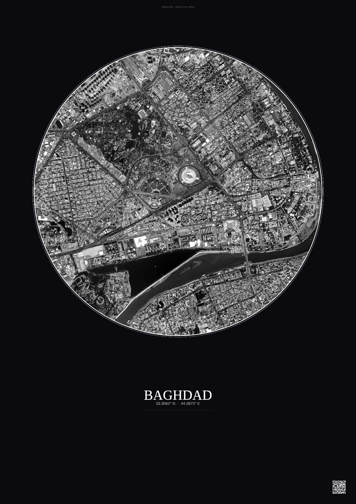 Affiche Baghdad – Poster vue satellite | Gravura – Fond foncé