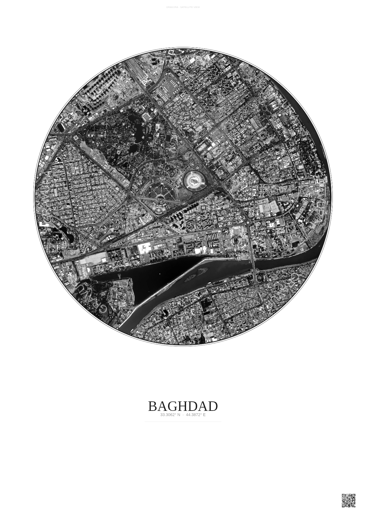 Affiche Baghdad – Poster vue satellite | Gravura – Fond clair