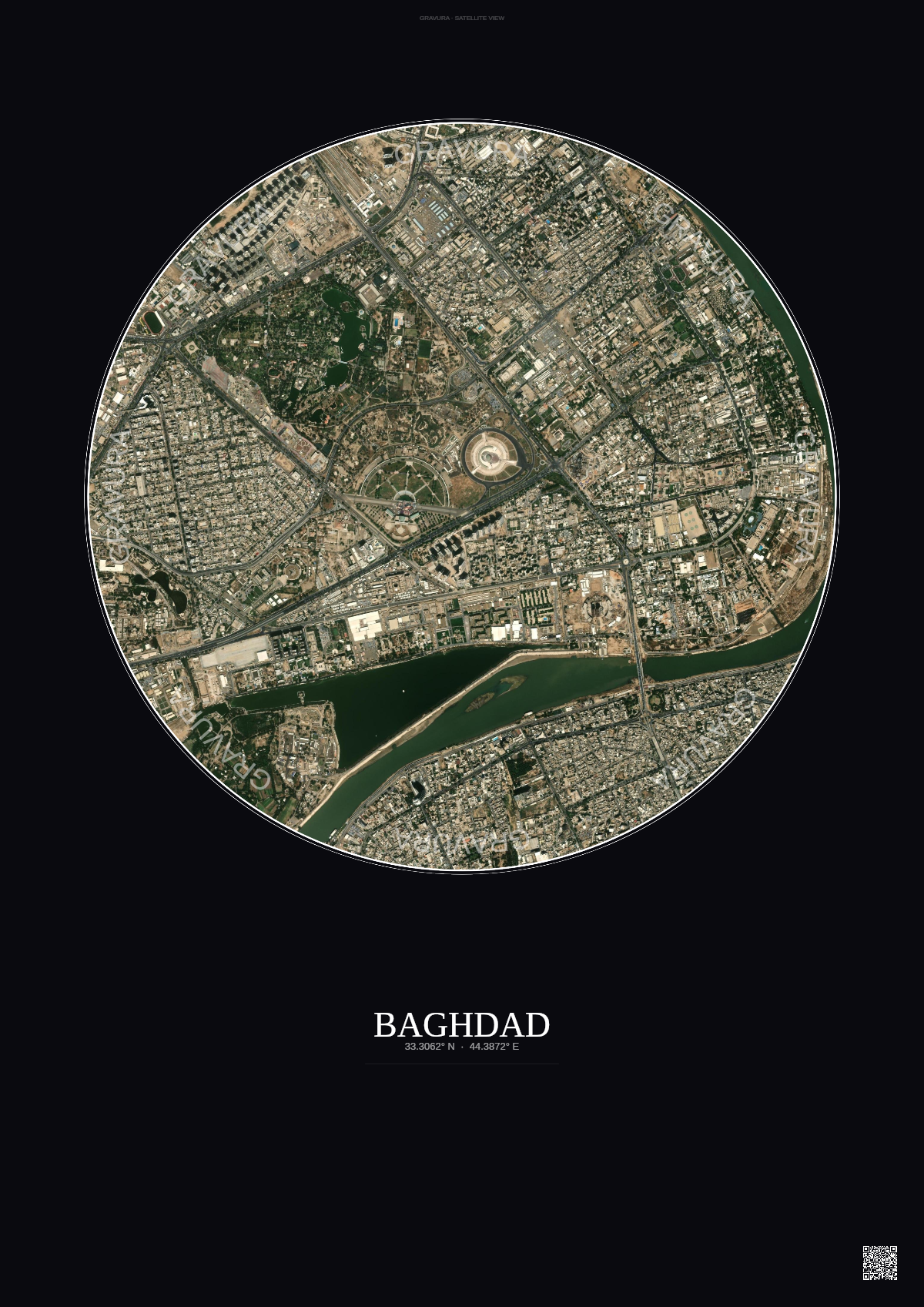 Affiche Baghdad – Poster vue satellite | Gravura – Fond foncé