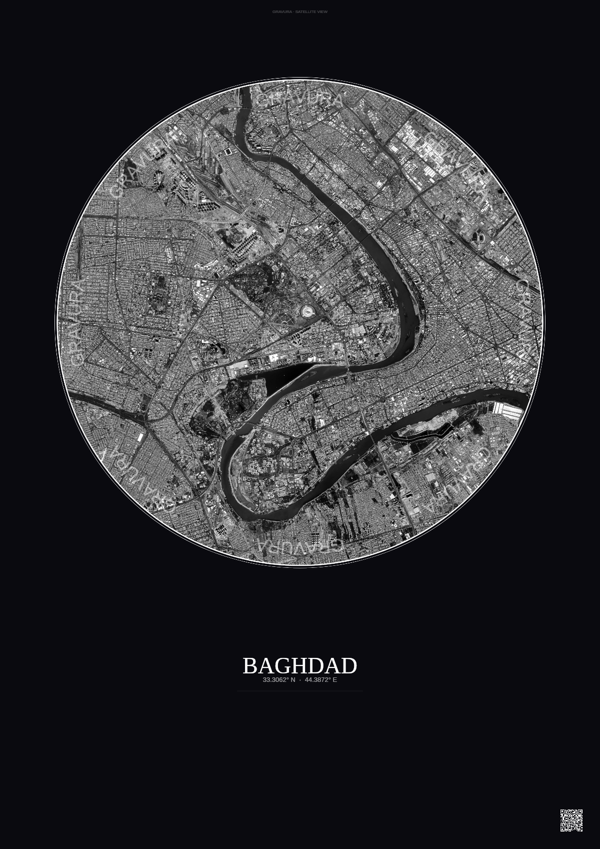 Affiche Baghdad – Poster vue satellite | Gravura – Fond foncé