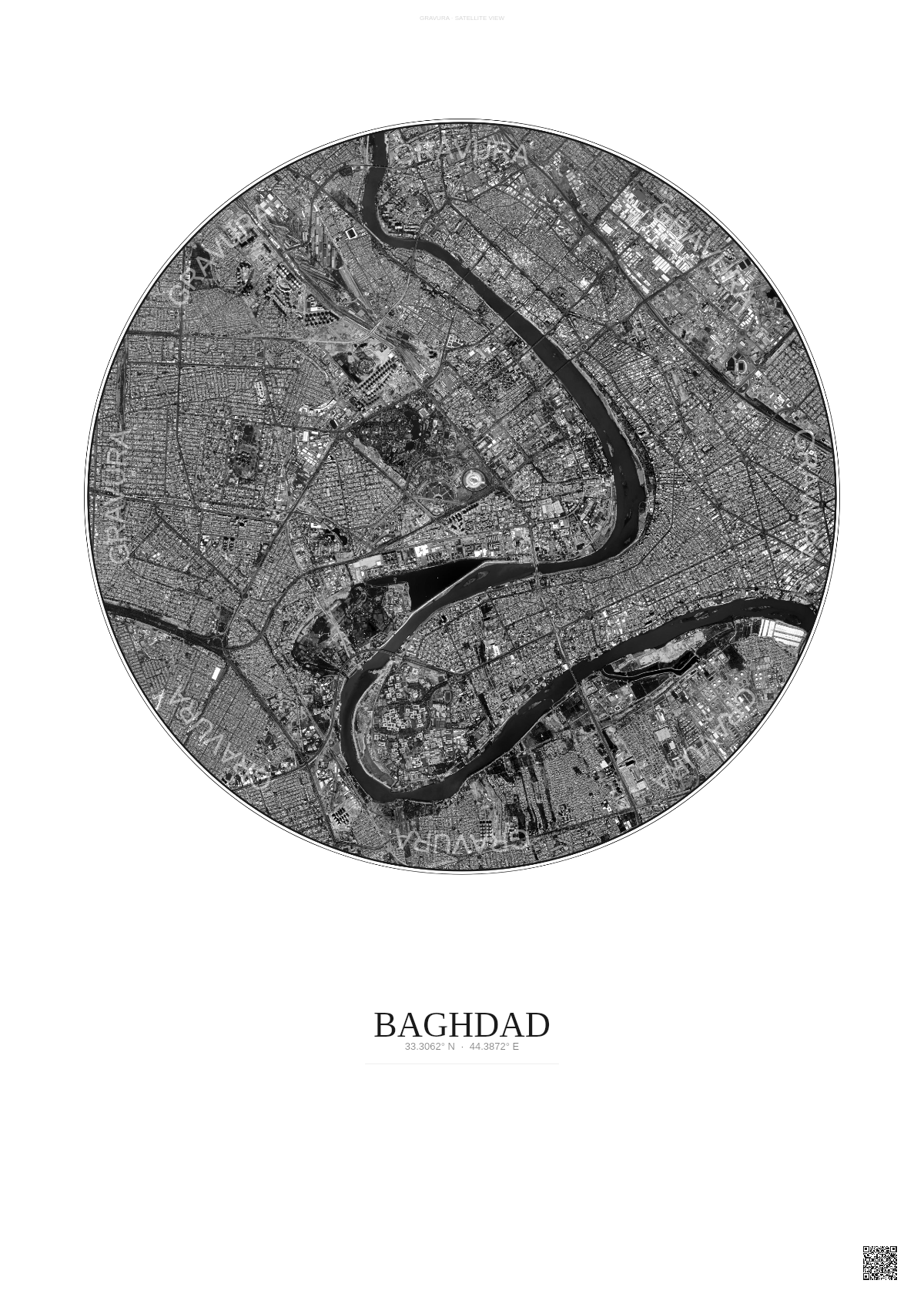 Affiche Baghdad – Poster vue satellite | Gravura – Fond clair
