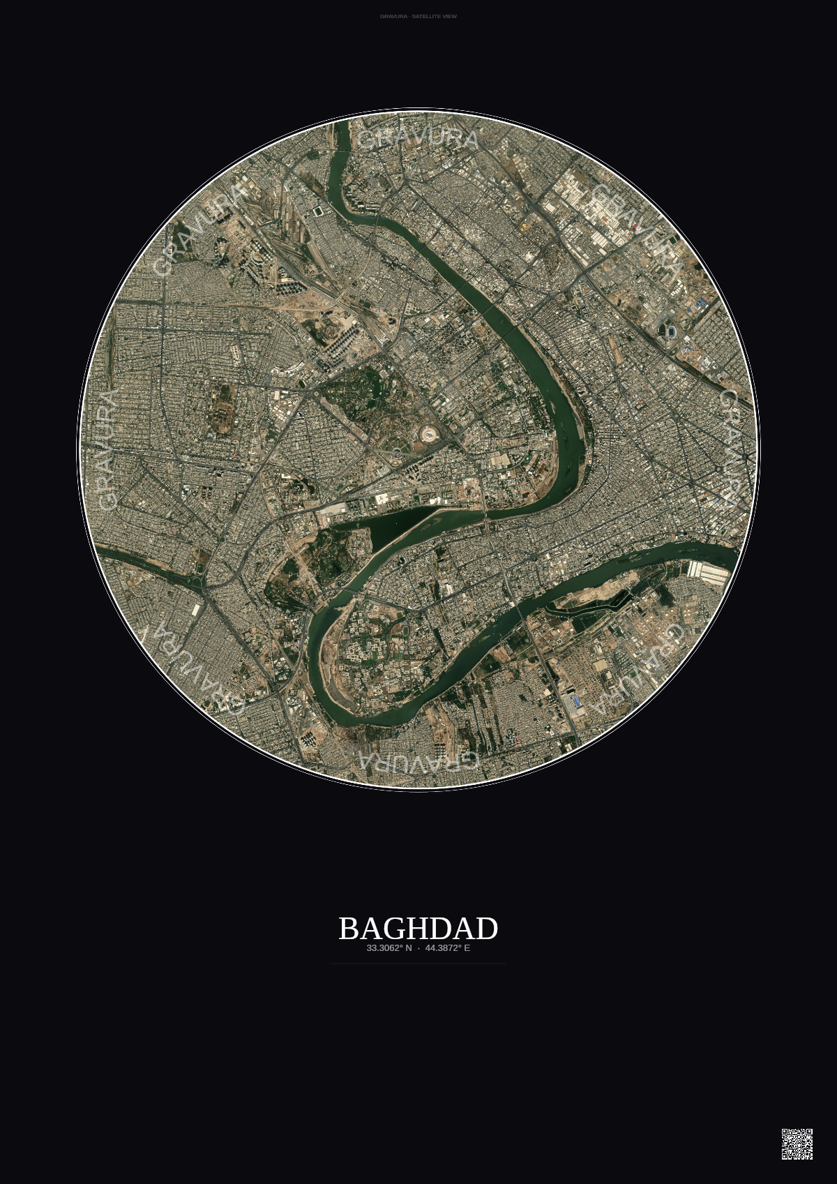 Affiche Baghdad – Poster vue satellite | Gravura – Fond foncé