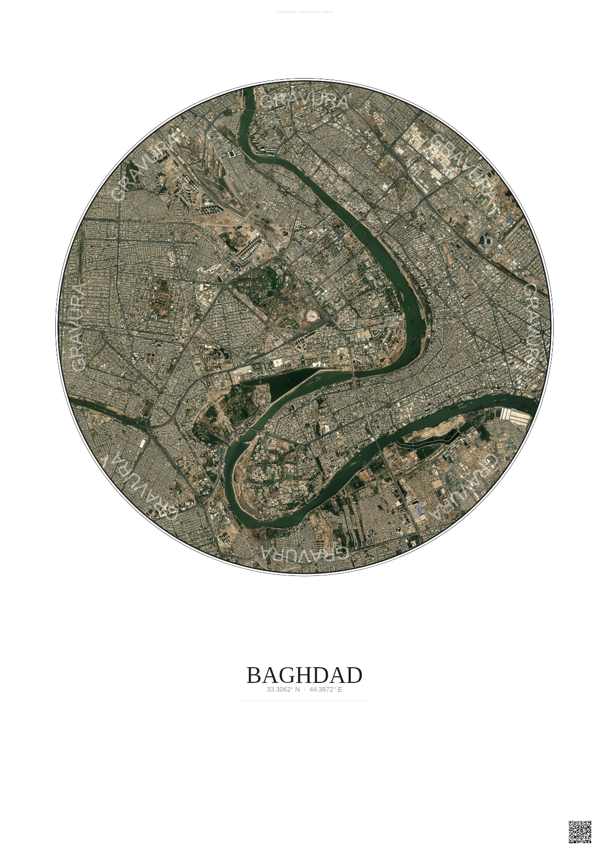 Affiche Baghdad – Poster vue satellite | Gravura – Fond clair