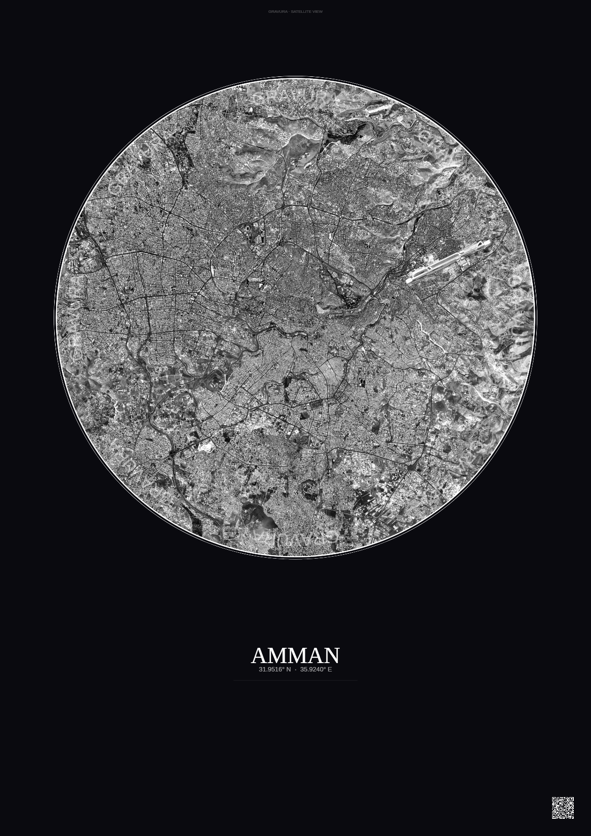 Affiche Amman – Poster vue satellite | Gravura – Fond foncé