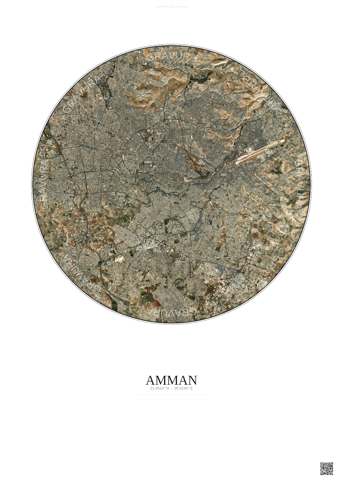 Affiche Amman – Poster vue satellite | Gravura – Fond clair