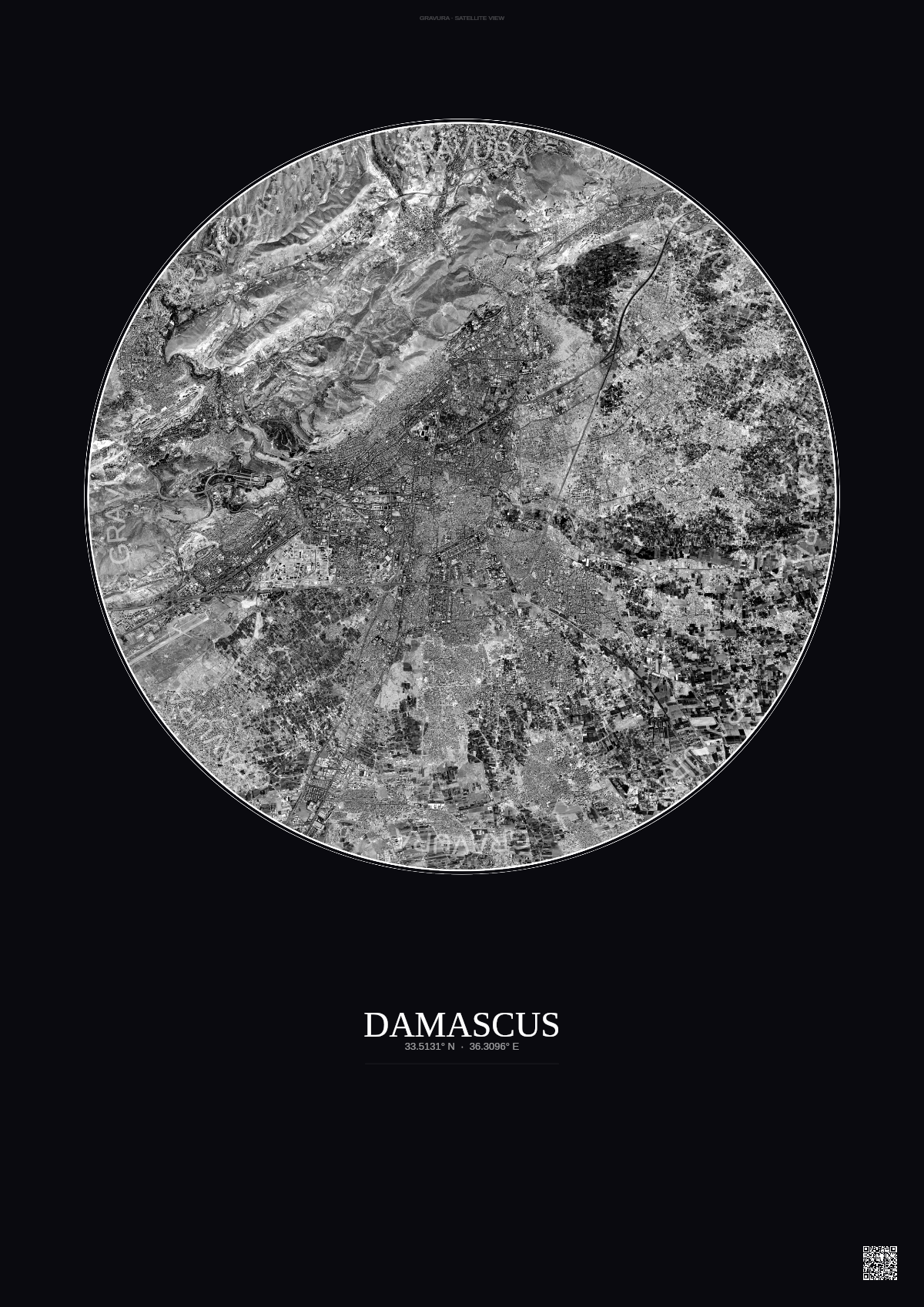 Affiche Damascus – Poster vue satellite | Gravura – Fond foncé