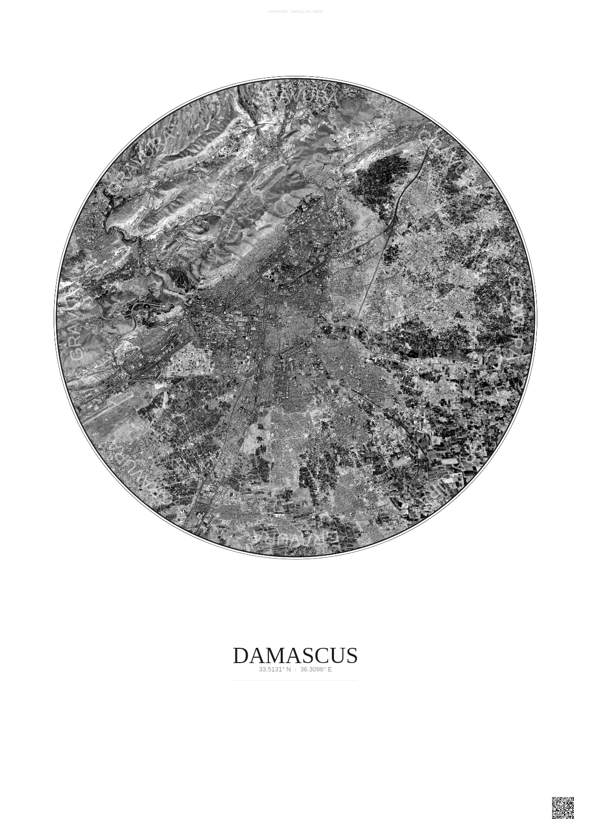 Affiche Damascus – Poster vue satellite | Gravura – Fond clair
