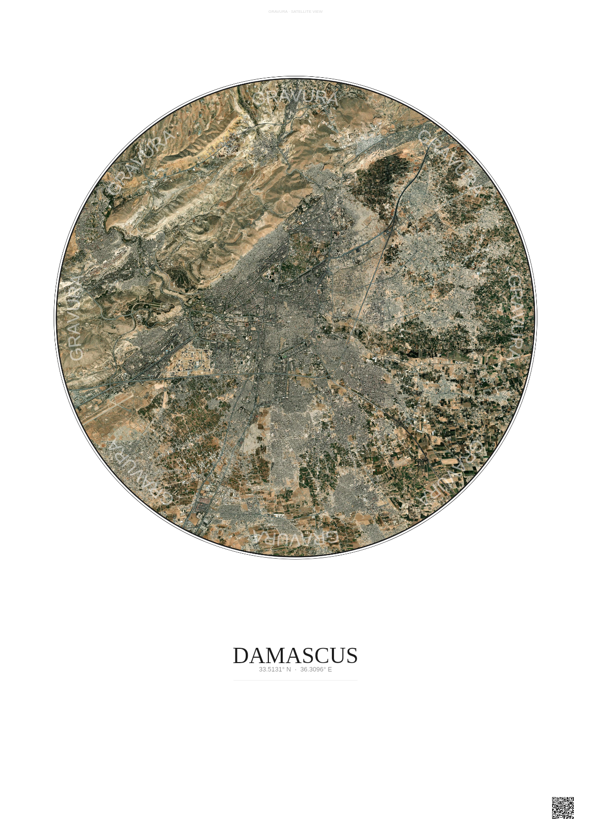 Affiche Damascus – Poster vue satellite | Gravura – Fond clair