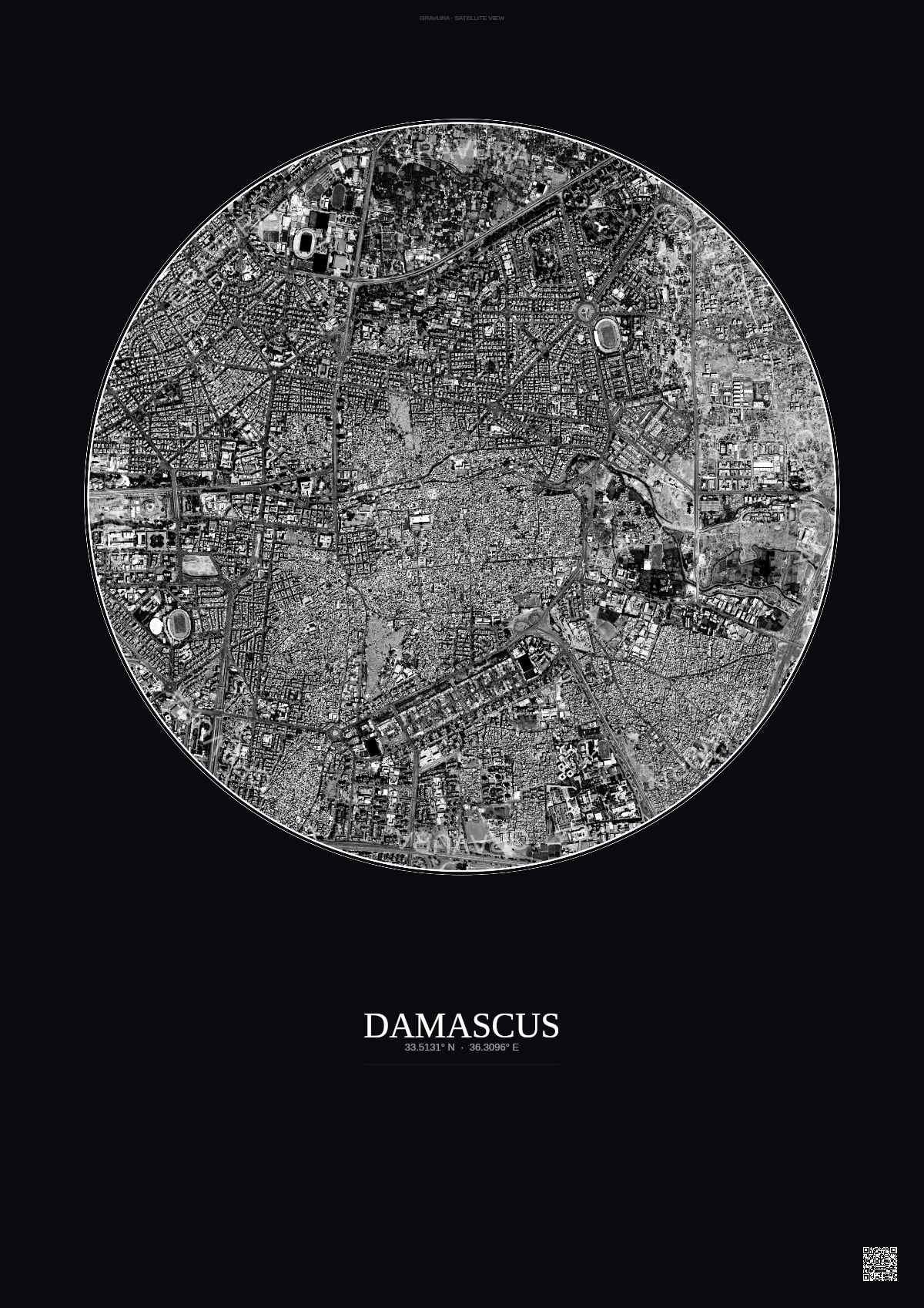 Affiche Damascus – Poster vue satellite | Gravura – Fond foncé