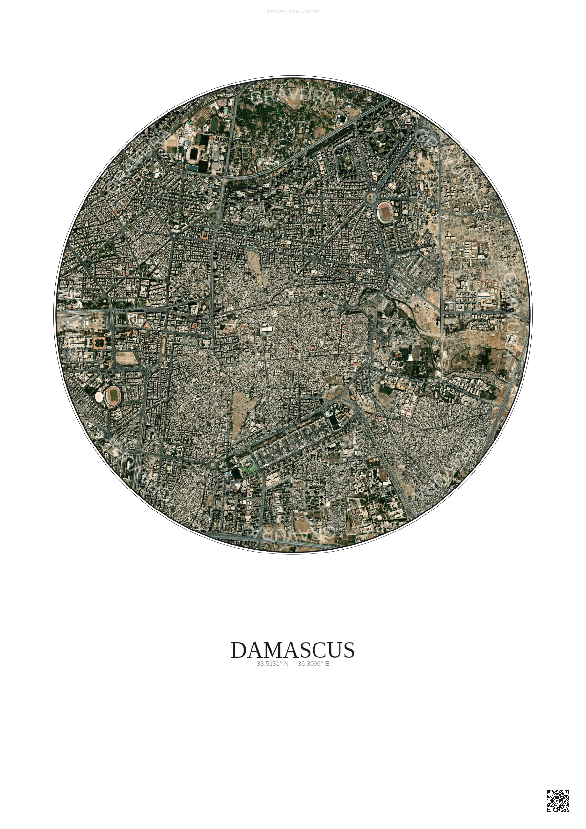 Affiche Damascus – Poster vue satellite | Gravura – Fond clair