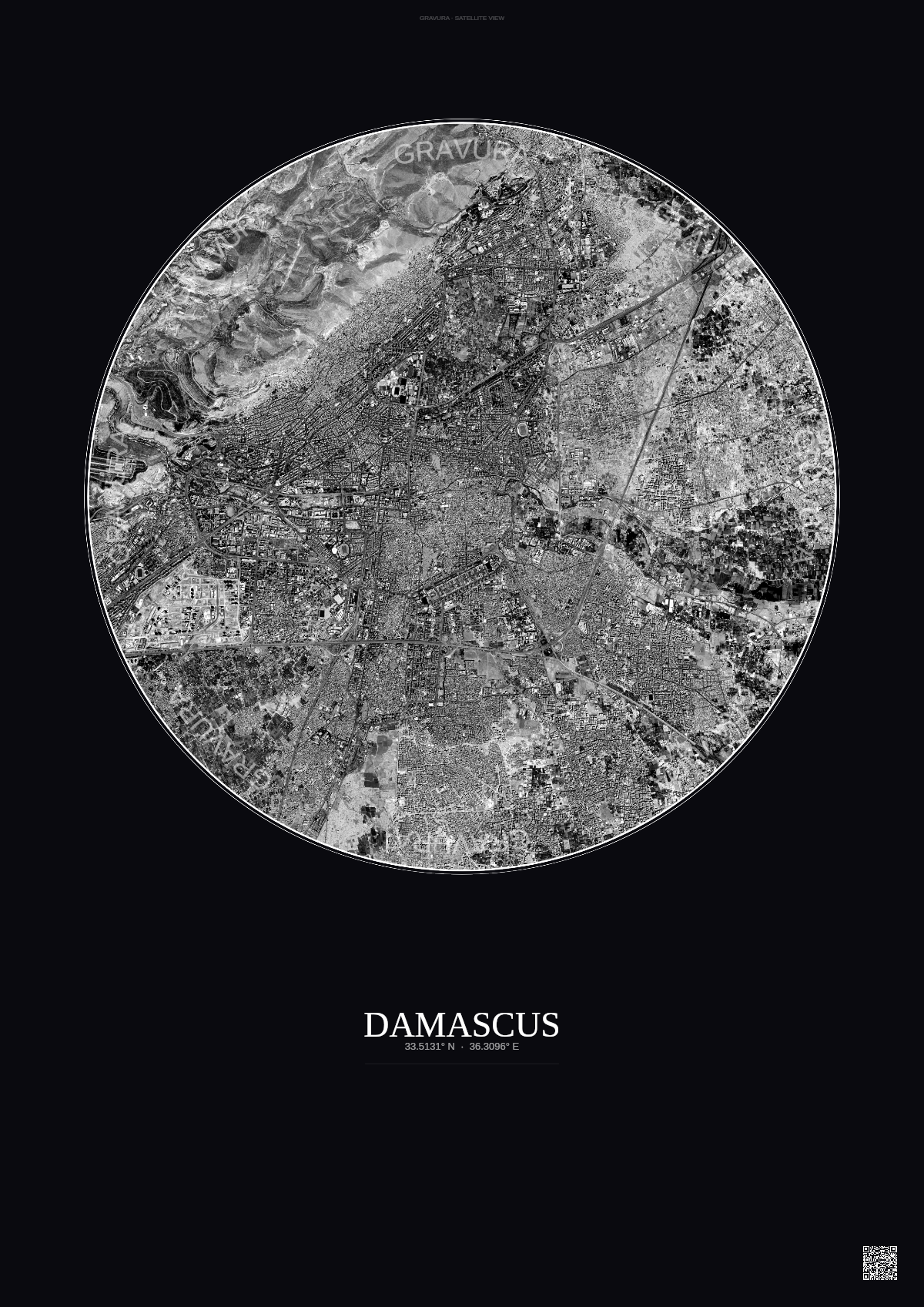 Affiche Damascus – Poster vue satellite | Gravura – Fond foncé