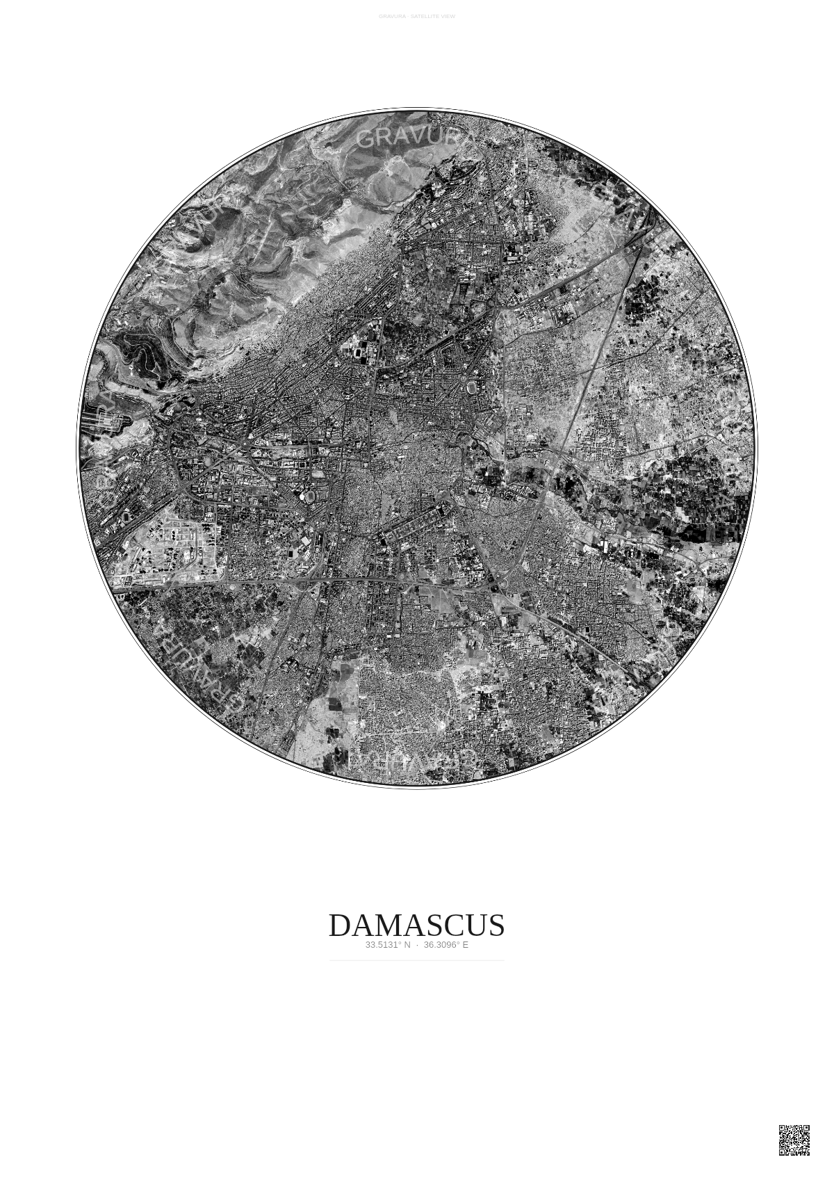 Affiche Damascus – Poster vue satellite | Gravura – Fond clair