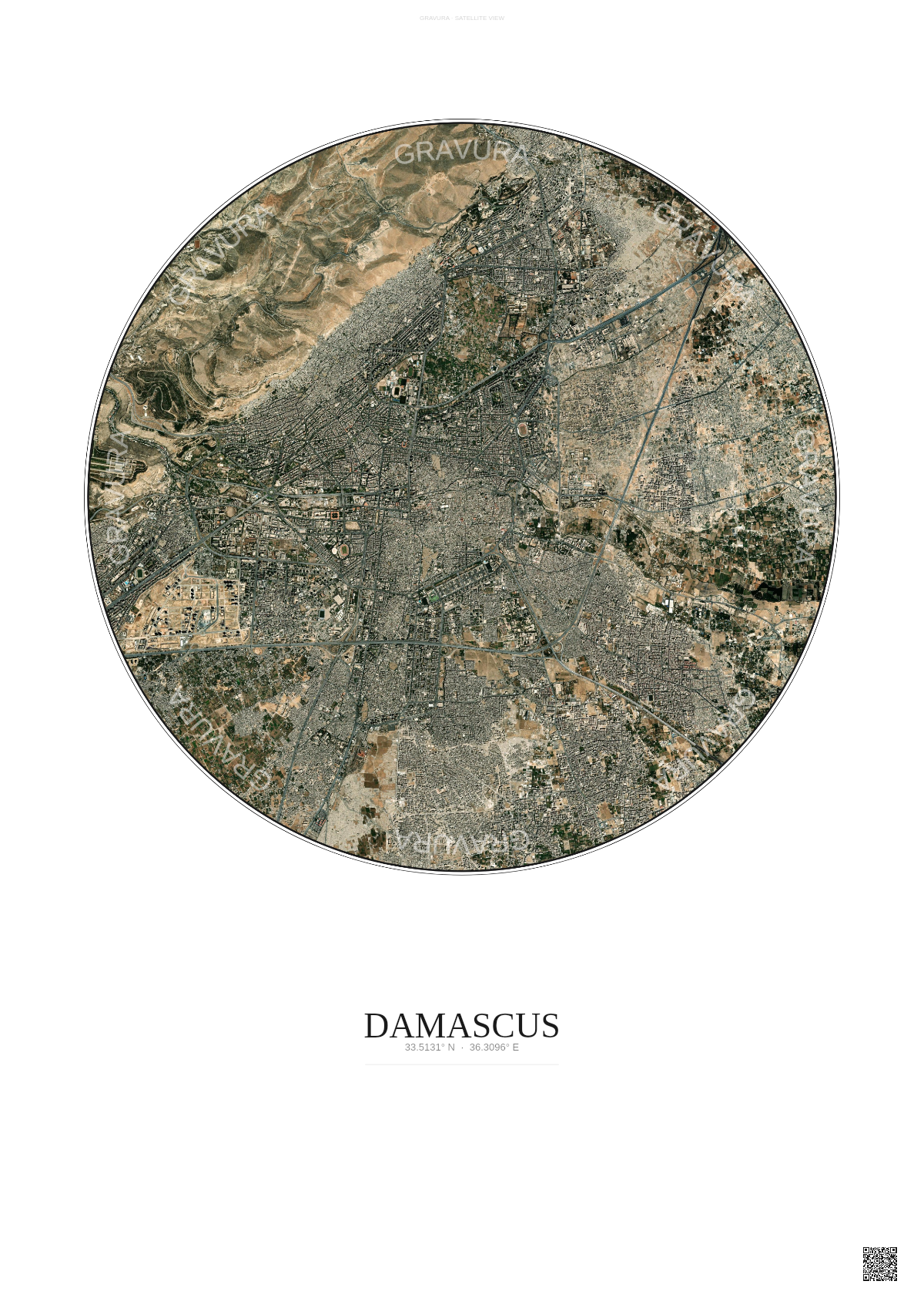 Affiche Damascus – Poster vue satellite | Gravura – Fond clair