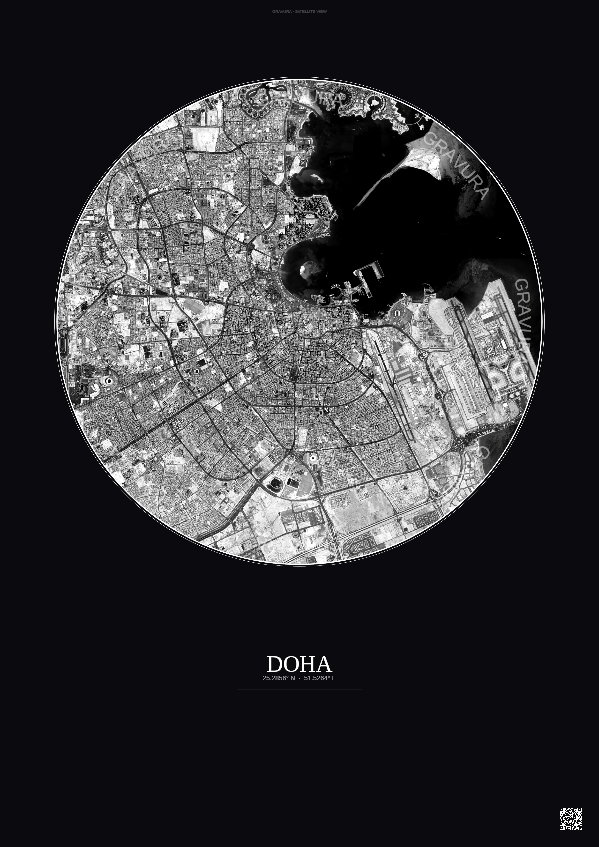 Affiche Doha – Poster vue satellite | Gravura – Fond foncé