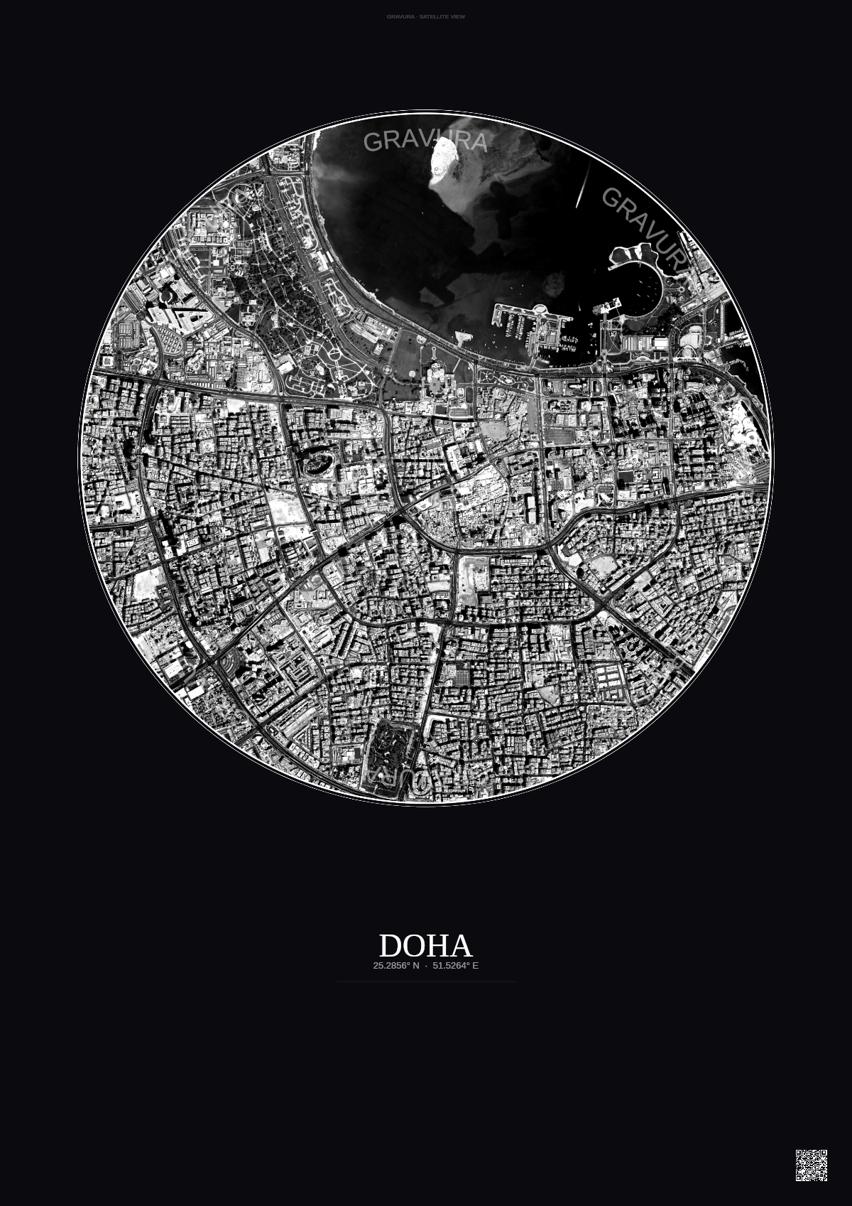 Affiche Doha – Poster vue satellite | Gravura – Fond foncé