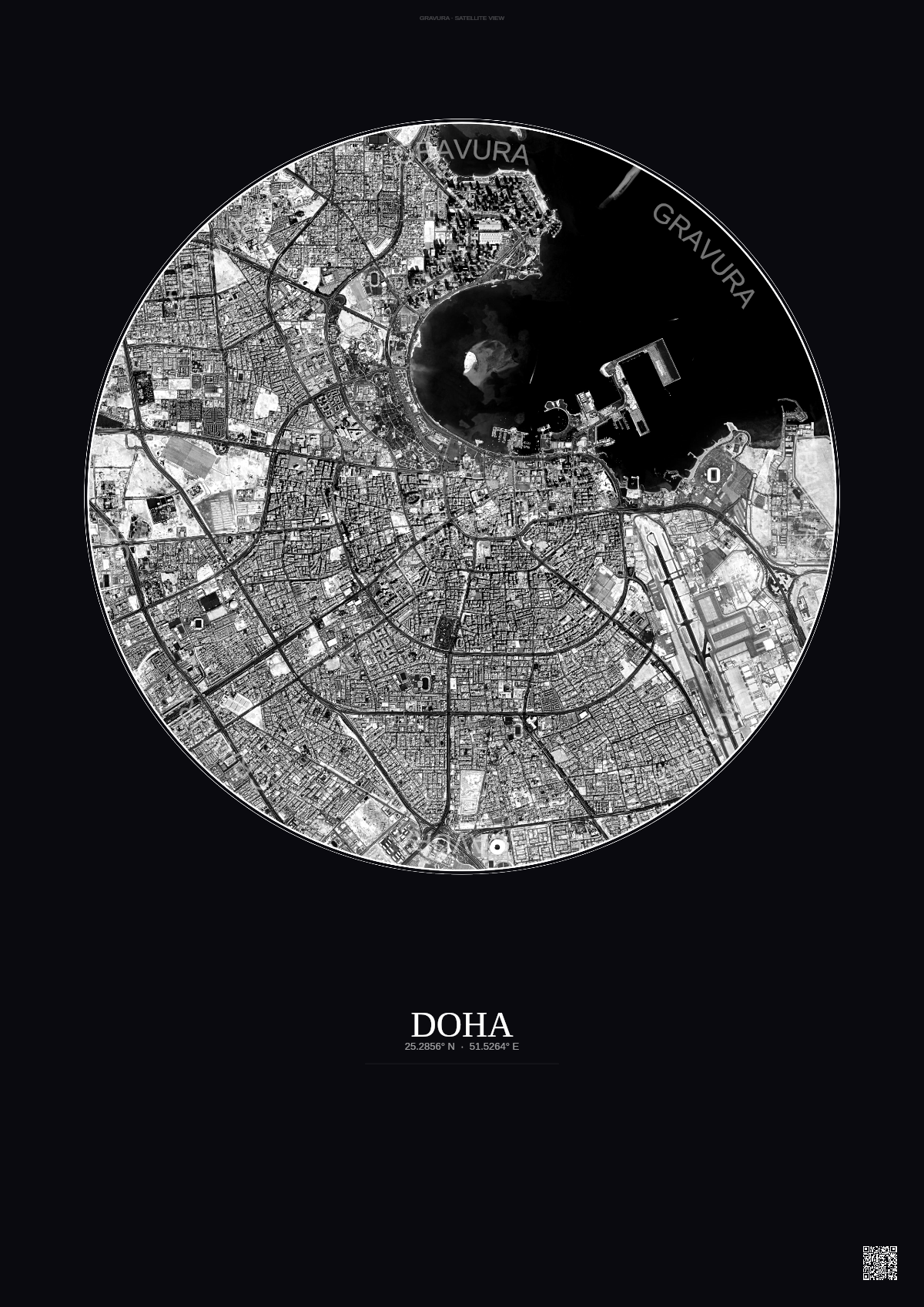 Affiche Doha – Poster vue satellite | Gravura – Fond foncé
