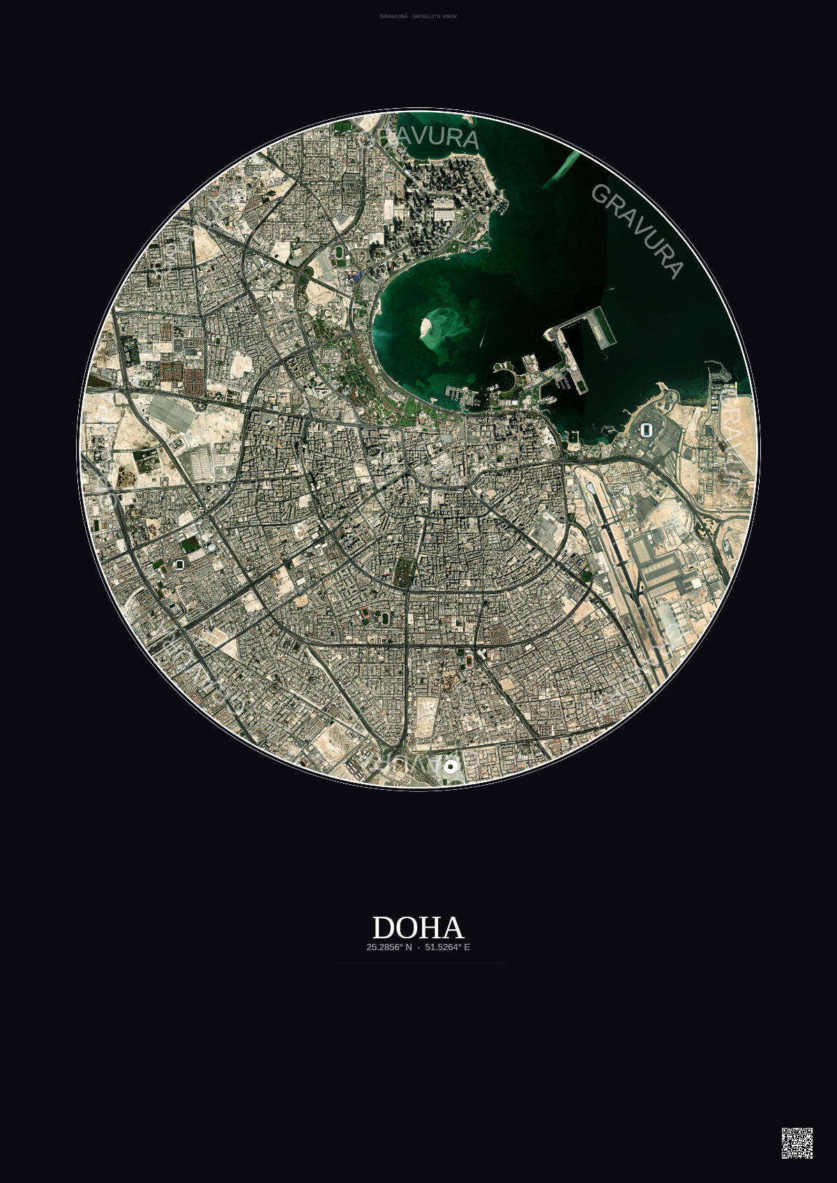 Affiche Doha – Poster vue satellite | Gravura – Fond foncé